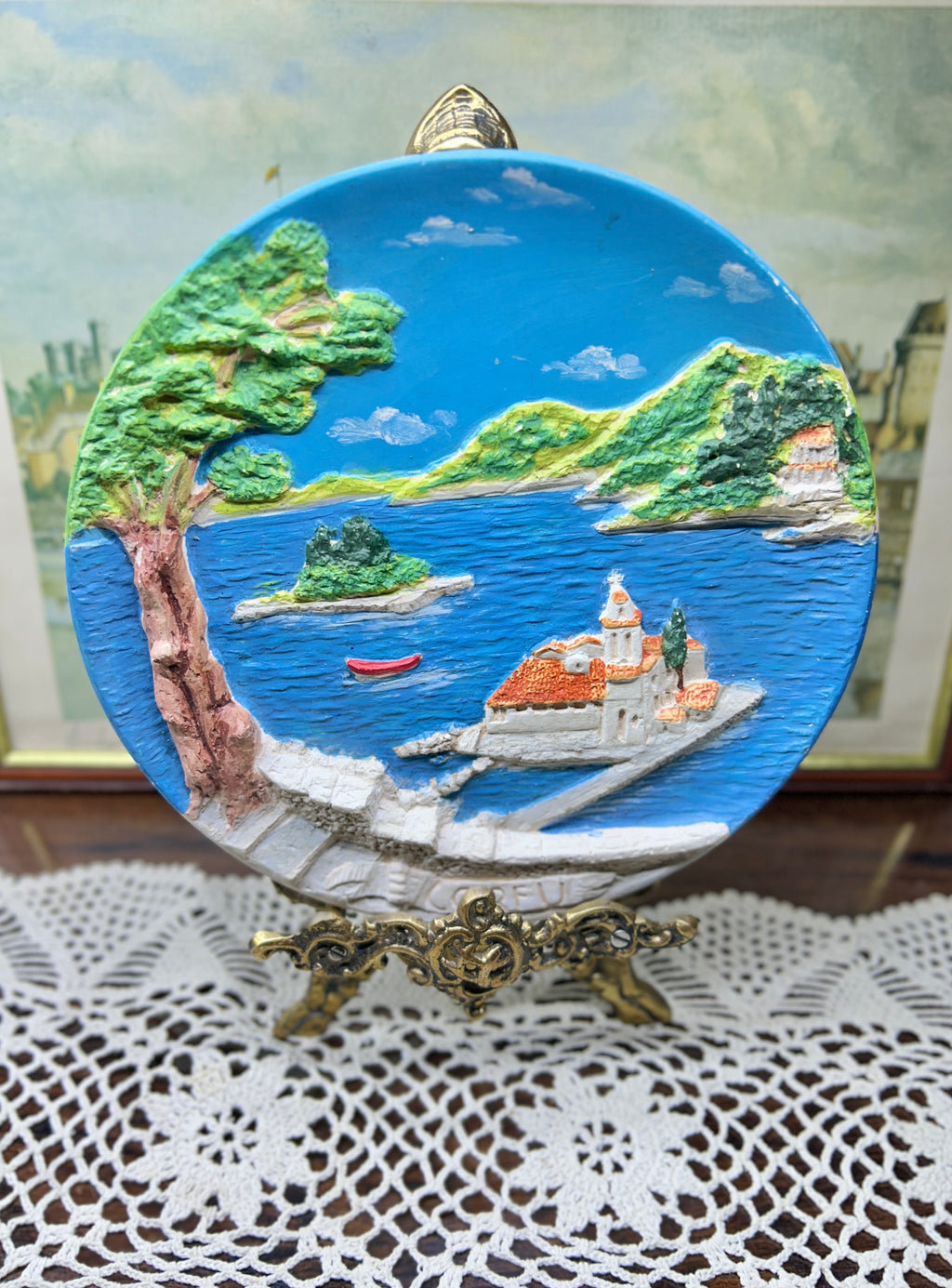 3D hand-painted decorative wall plate depicting a Greek island landscape 8”