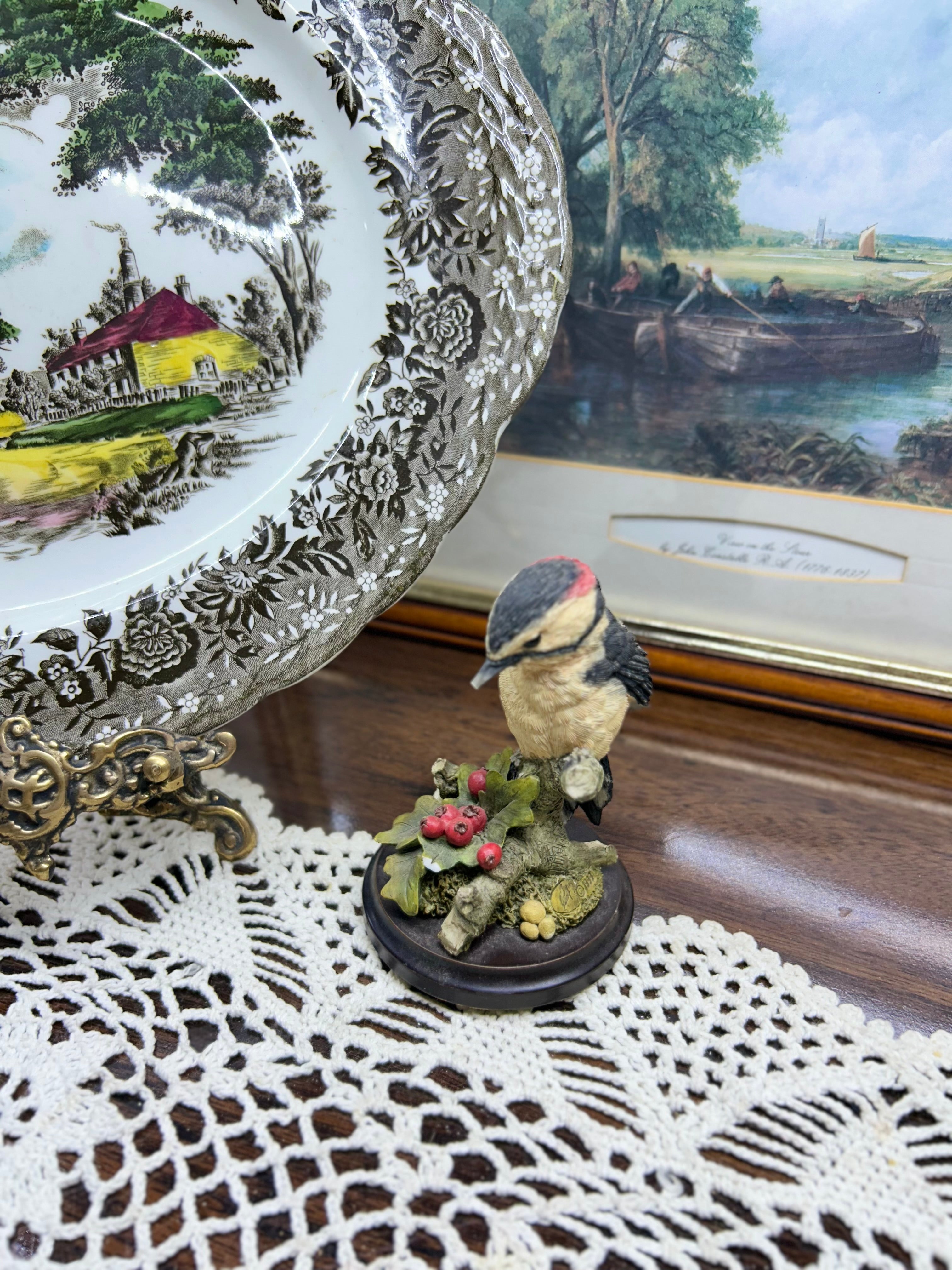 Vintage Hand Painted figurine “Country Artists “ Great Spotted Woodpecker With Hawthorne Berries 1999.