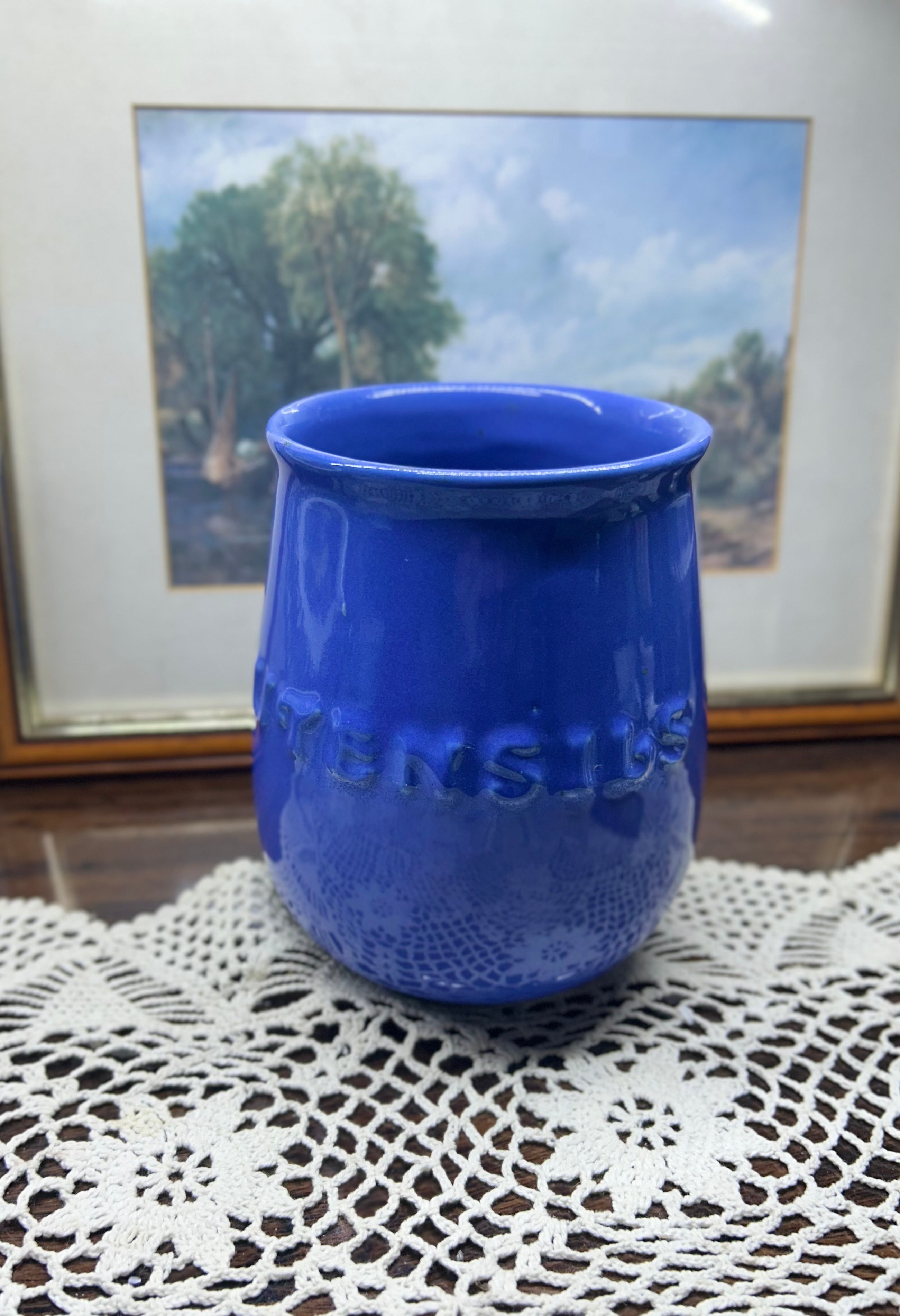 vintage cobalt blue ceramic stoneware utensil holder