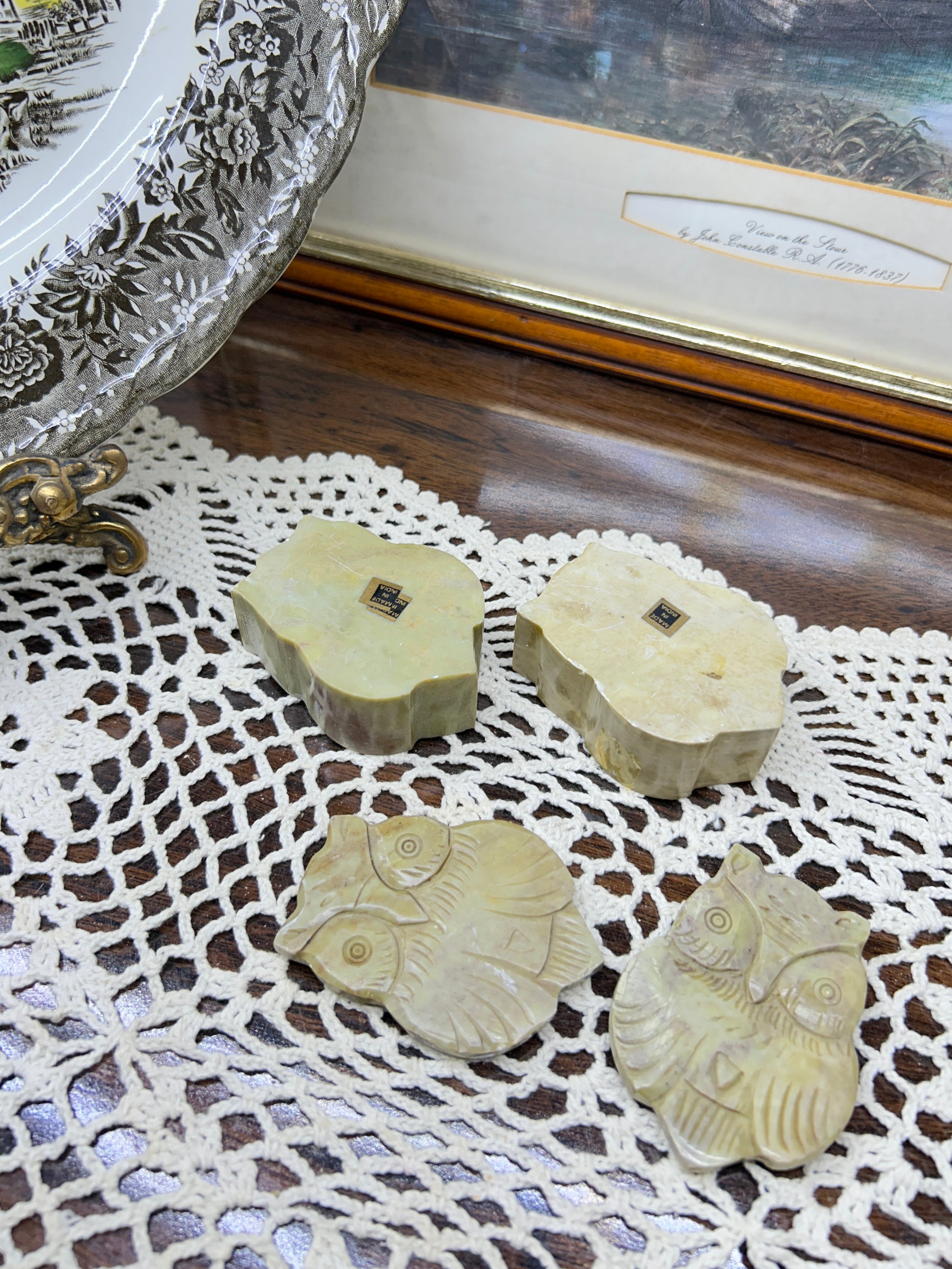 Vintage marble hand-carved owl trinket boxes — Made in India