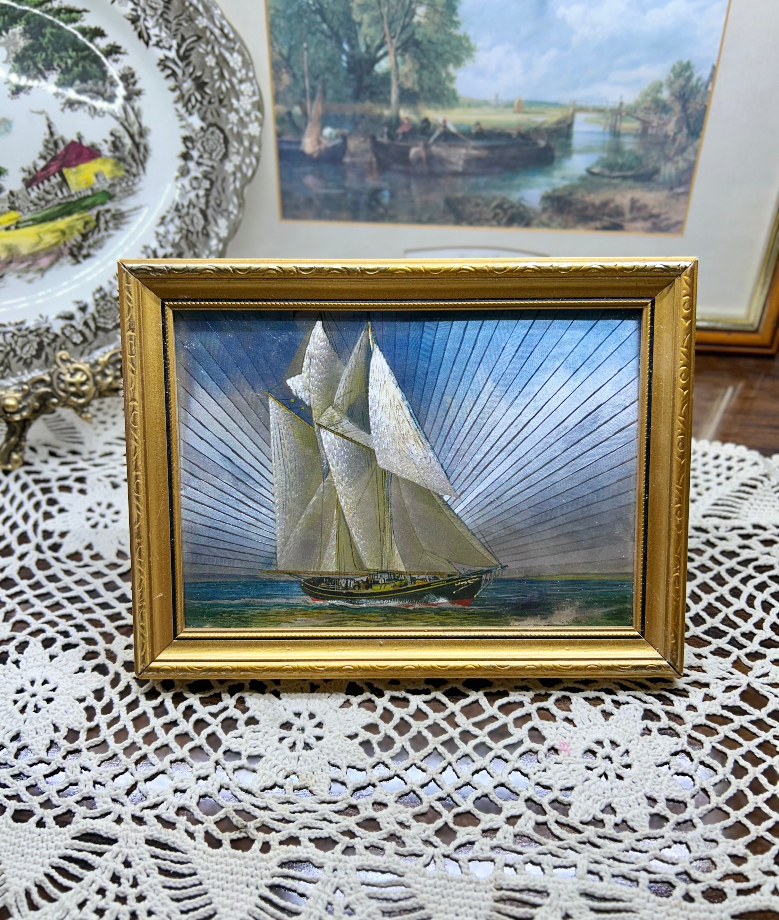Vintage frame Dulux holographic foil art print depicting a sailing ship
