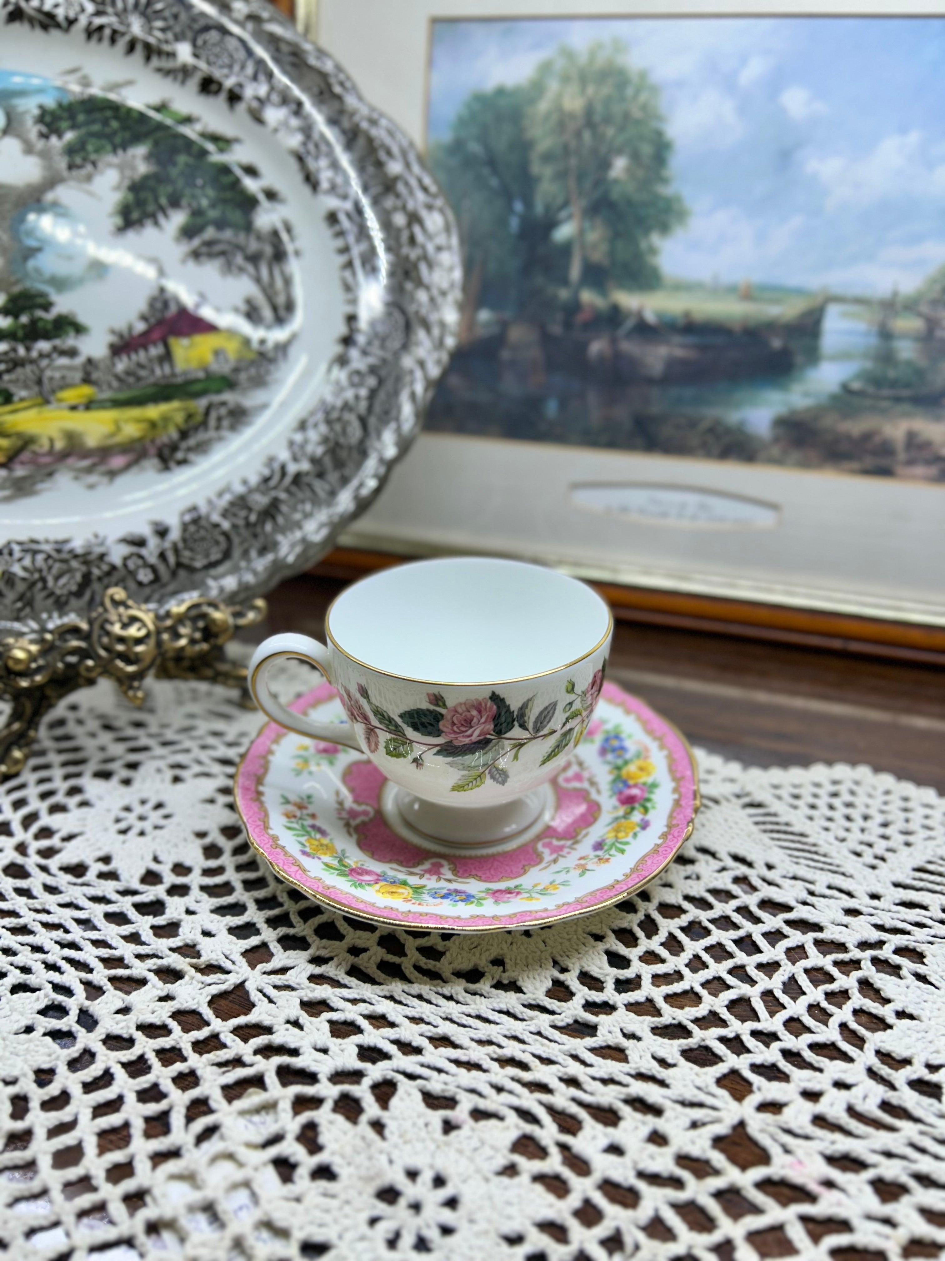 vintage Wedgwood Hathaway Rose footed teacup and saucer set —England