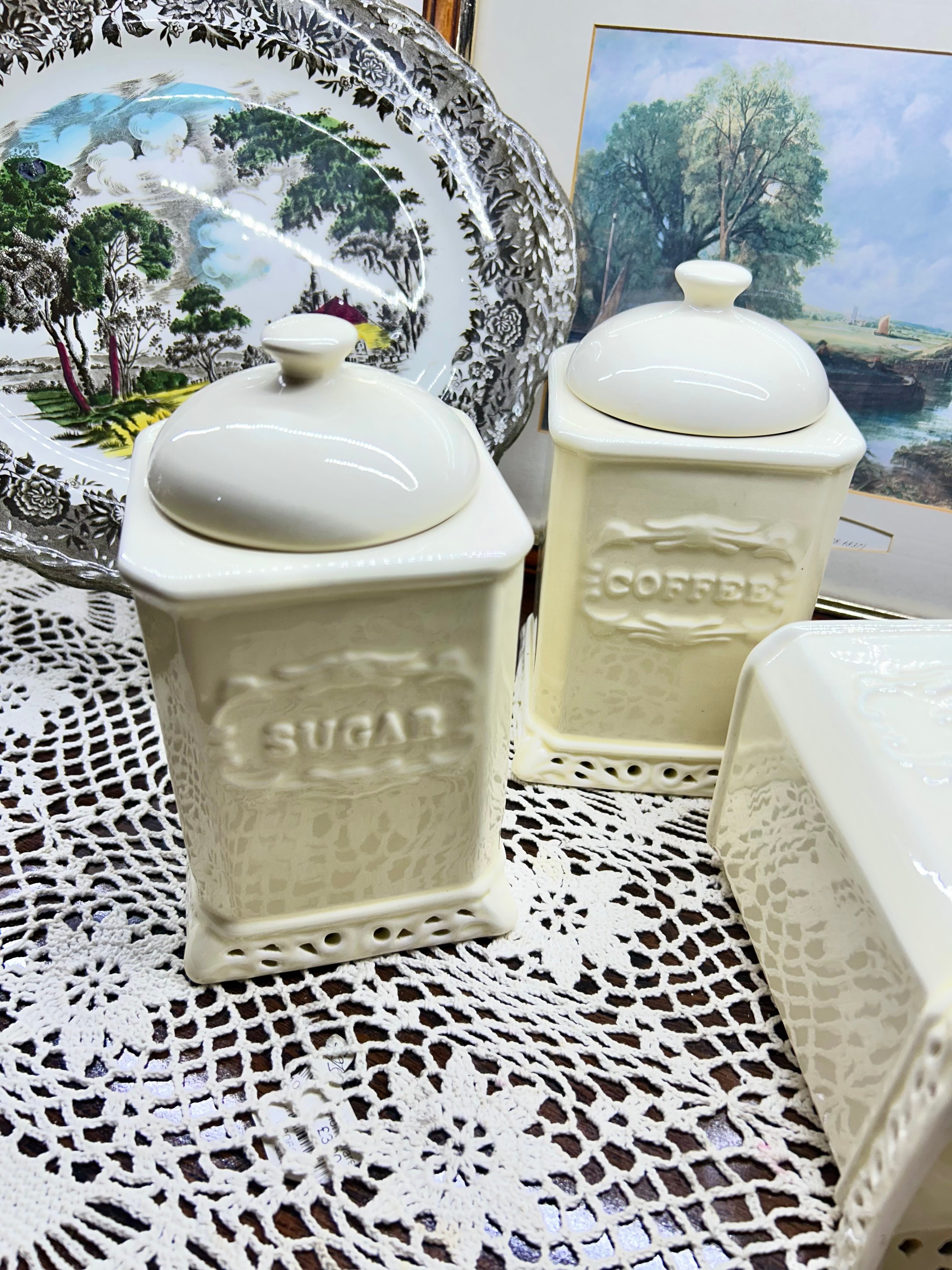 Vintage French style white ceramic canisters with embossed labels and cut-out bases — SET OF 3