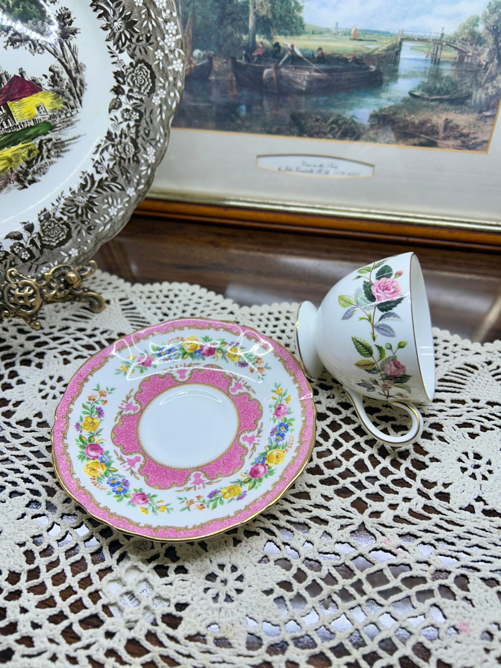 vintage Wedgwood Hathaway Rose footed teacup and saucer set —England