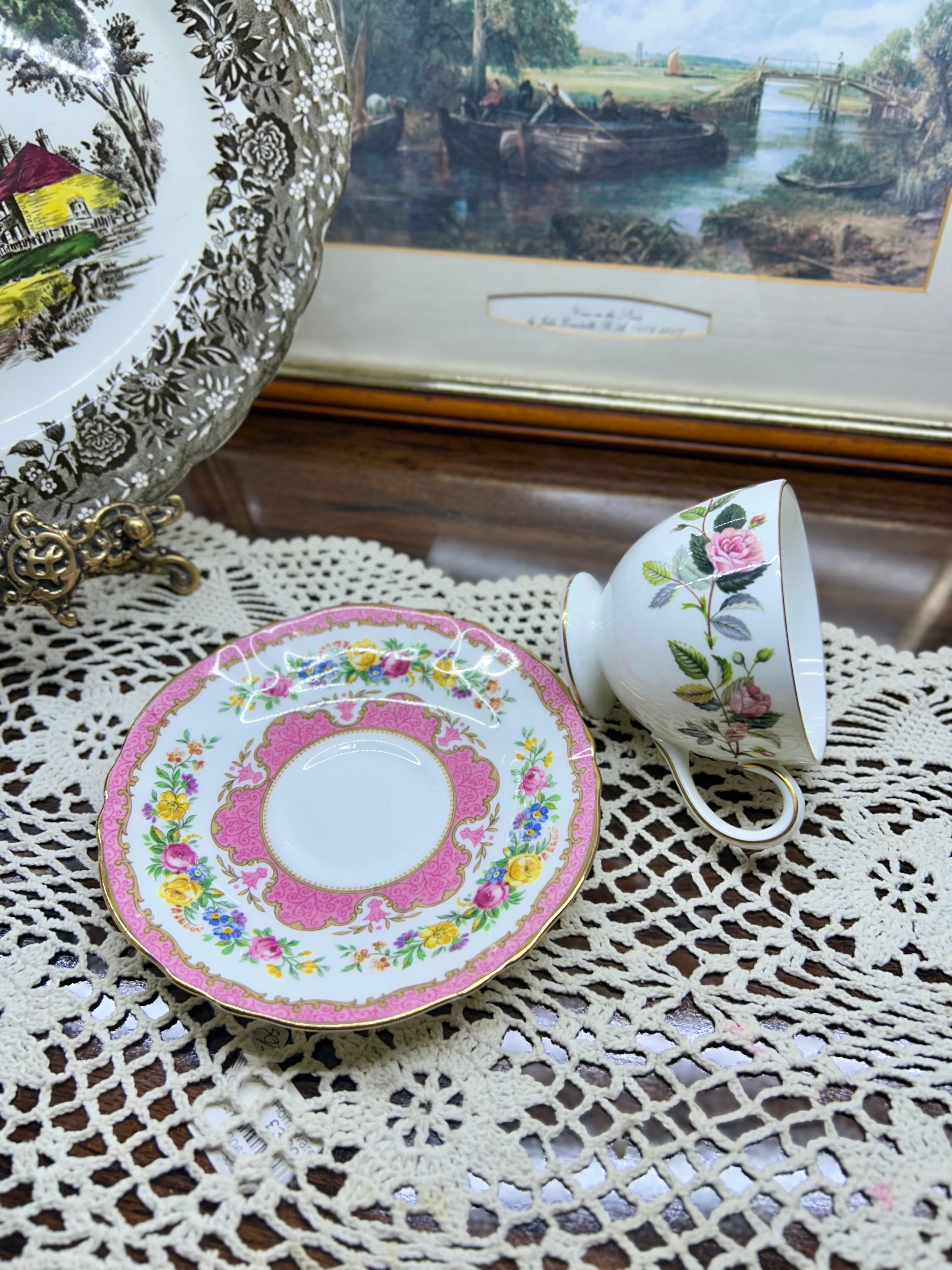 vintage Wedgwood Hathaway Rose footed teacup and saucer set —England
