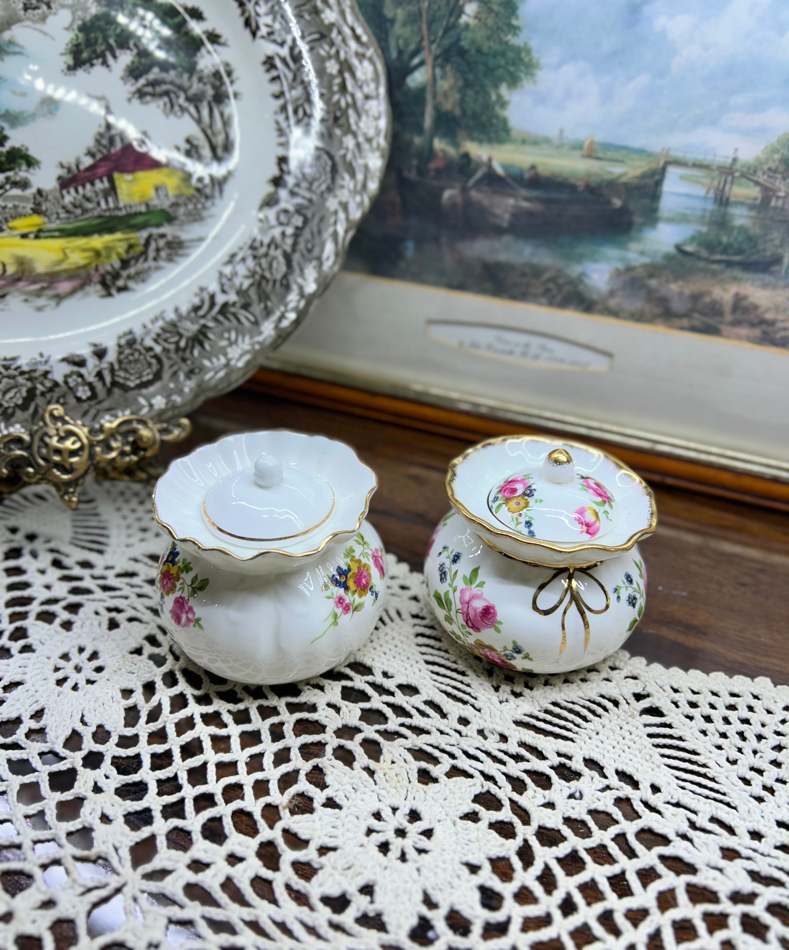Vintage FENTON china floral rose pattern lidded trinket pots — PAIR