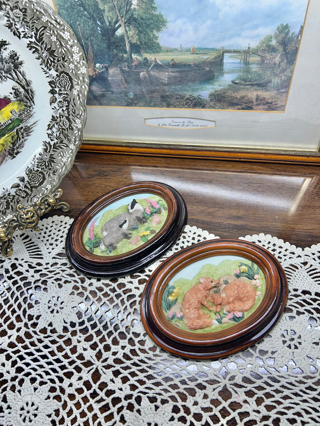 vintage PAIR OF collectible wall plaques ceramic, featuring felted or sculpted designs of British wildlife
