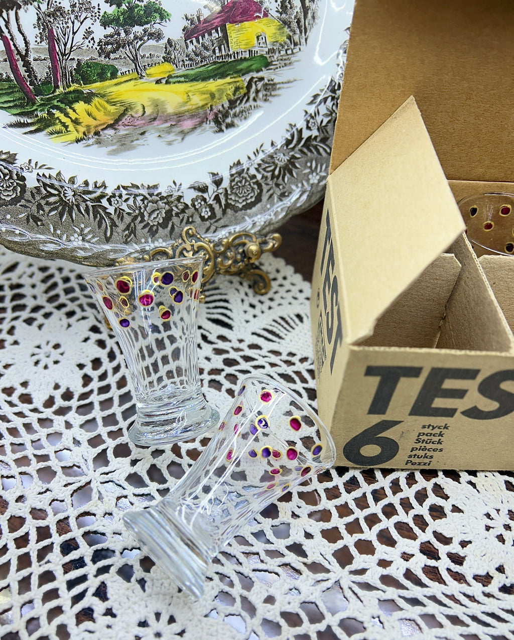 IKEA Art Déco 1950s shot glasses with colorful confetti dot design — boxed