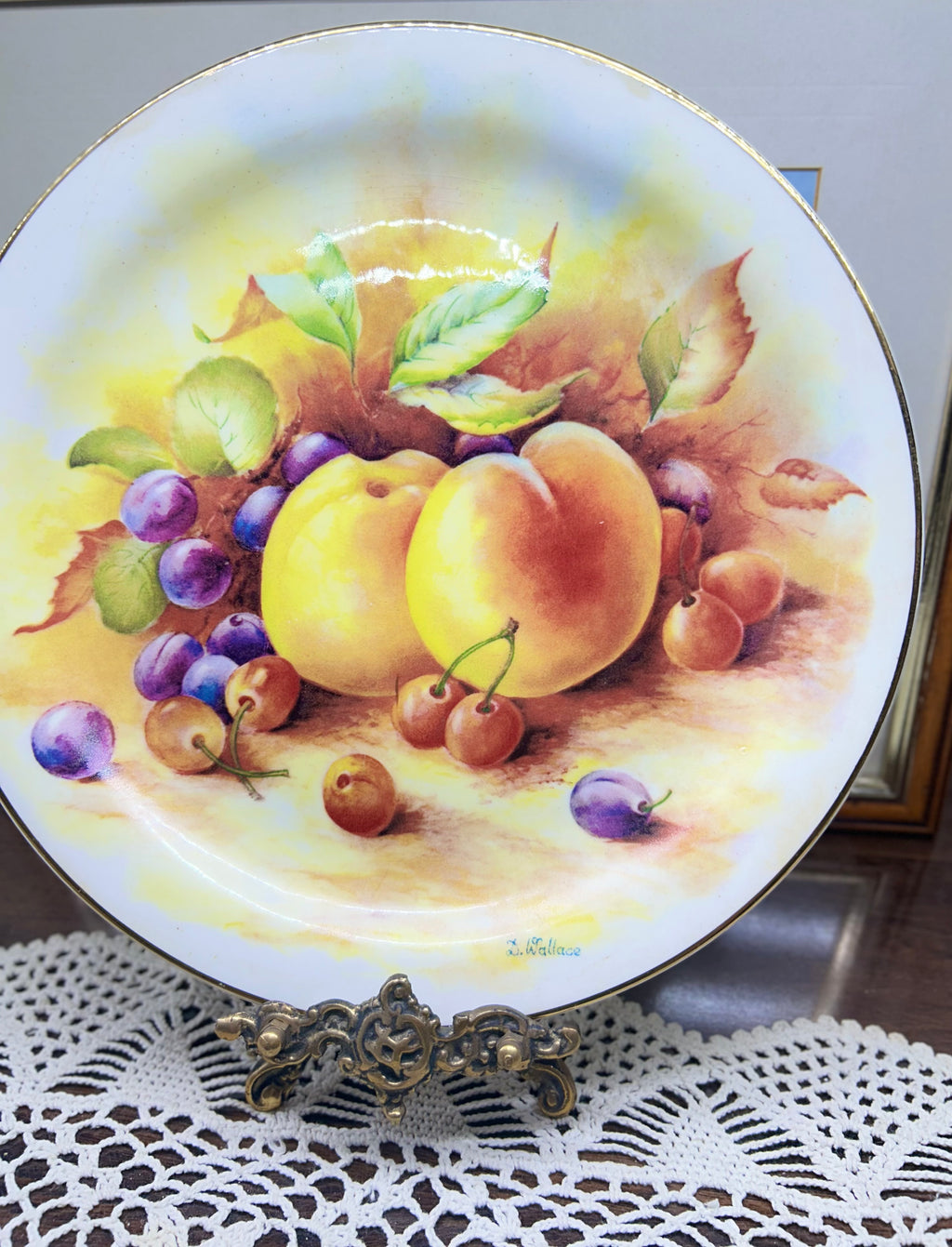 Vintage wall decorative plate featuring fruit motifs painted by D. Wallace