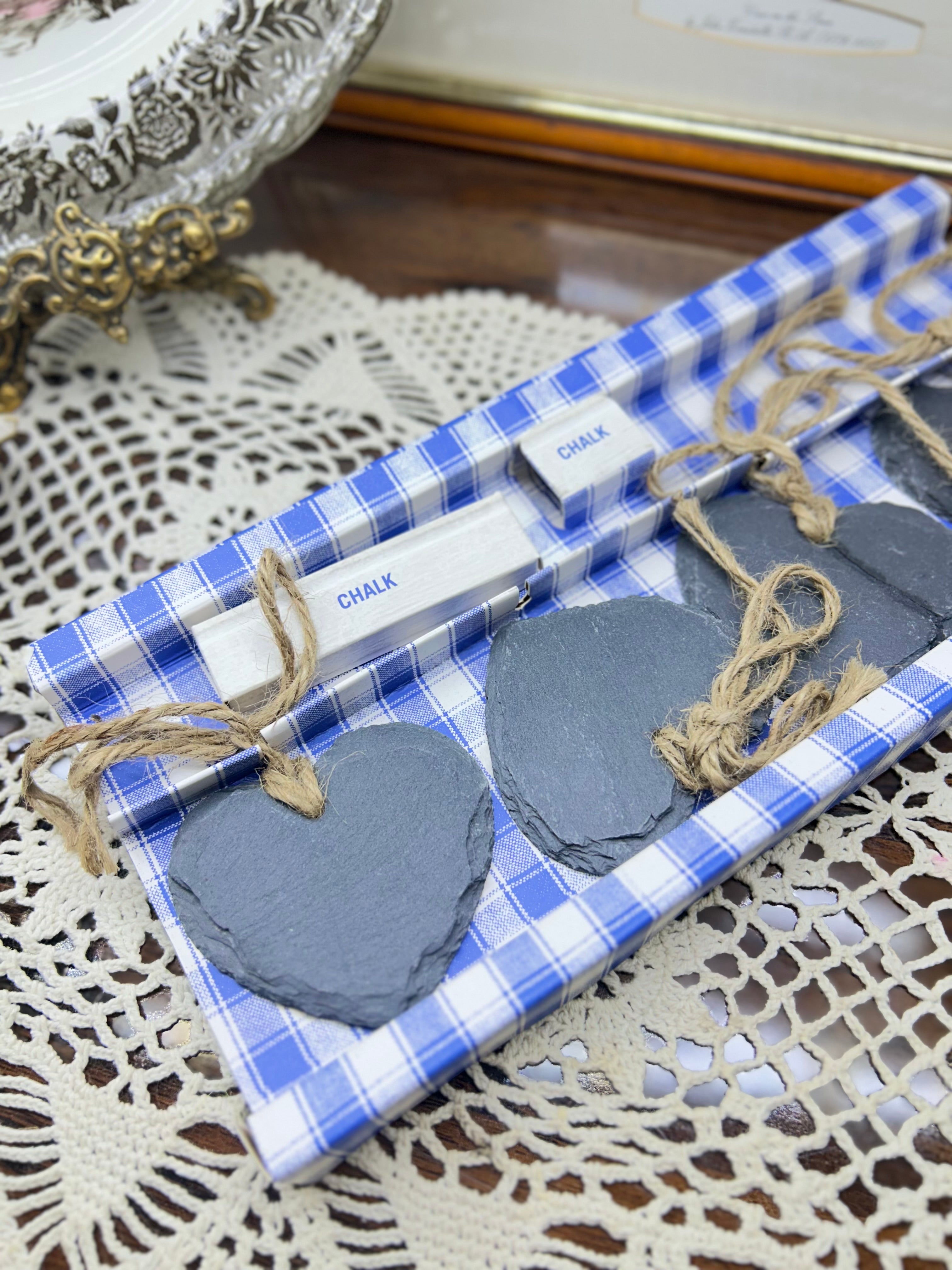 Bistro Bleu branded set of heart-shaped slate place settings with twine & chalk