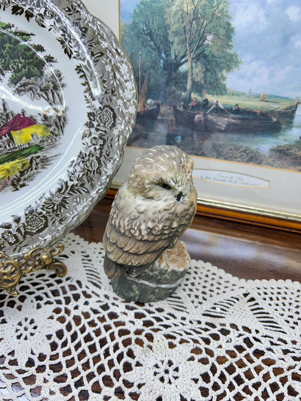 Vintage hand painted owl figurine 5”