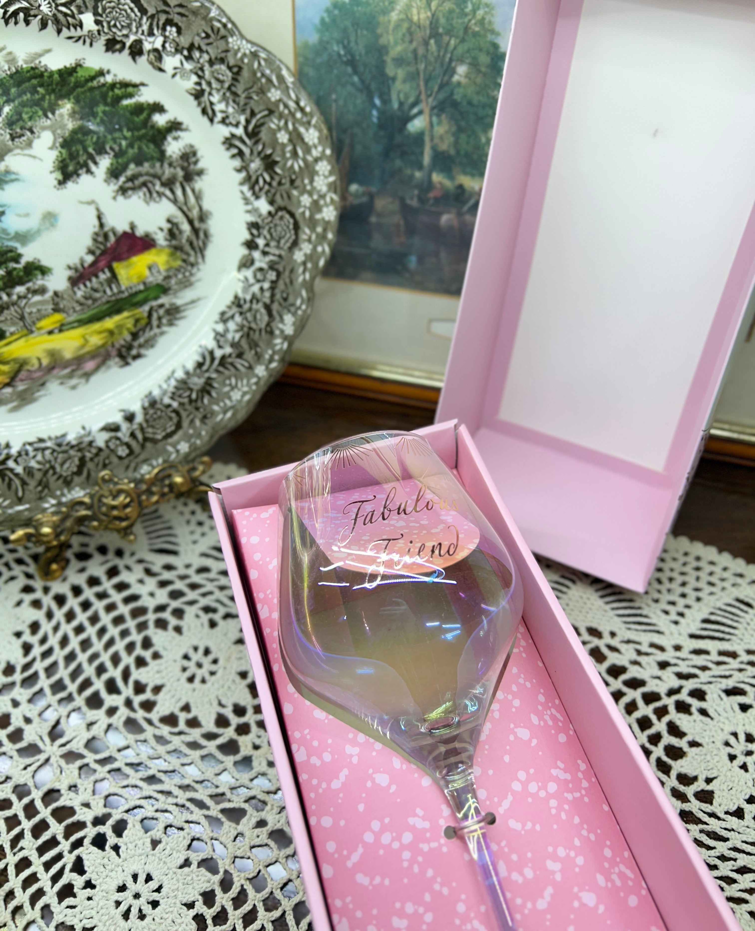 Card Factory "Fabulous Friend" wine glass features an iridescent tint and a matching gift box