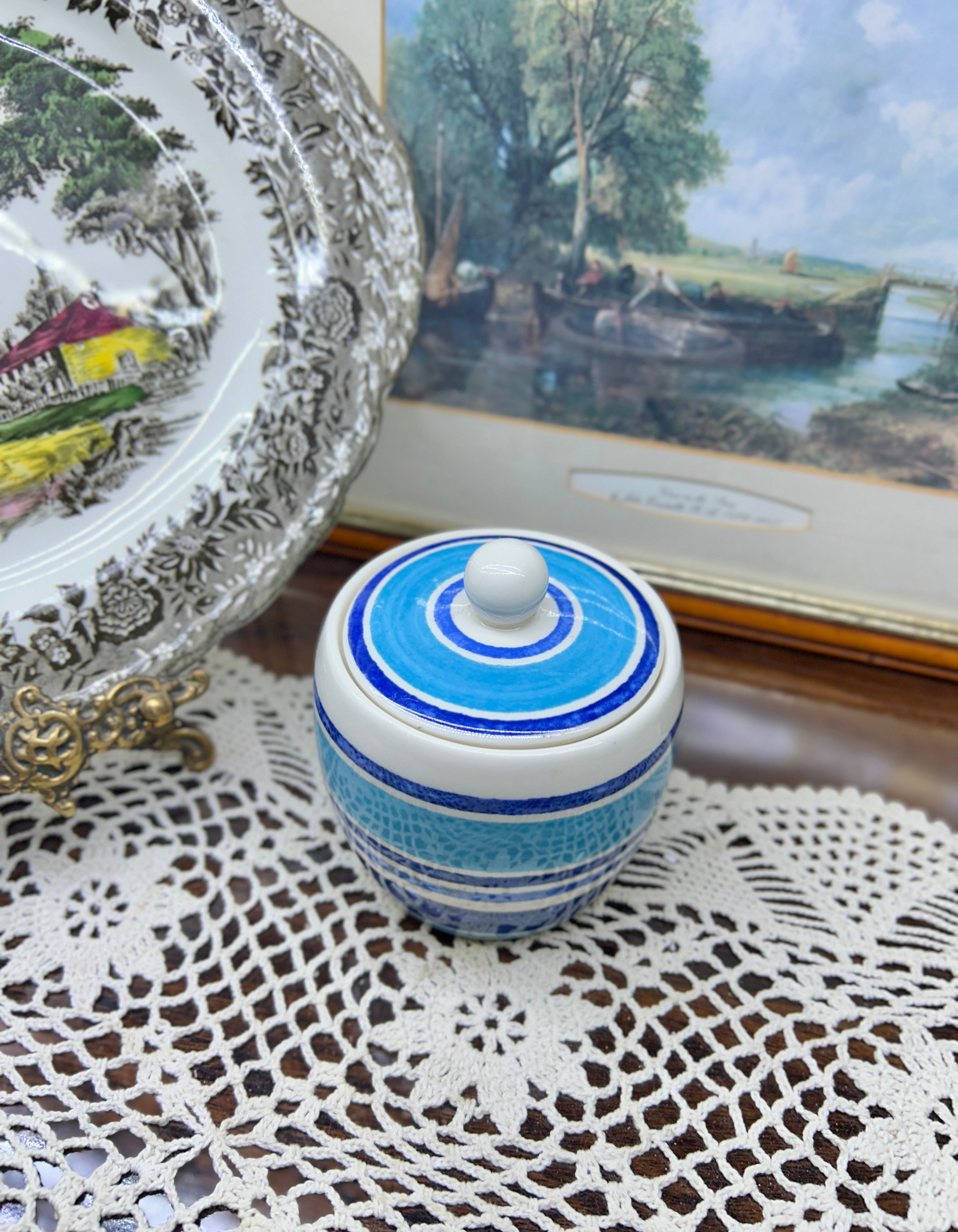 Johnson brothers “Farmhouse” hand-painted blue stripe pattern jar