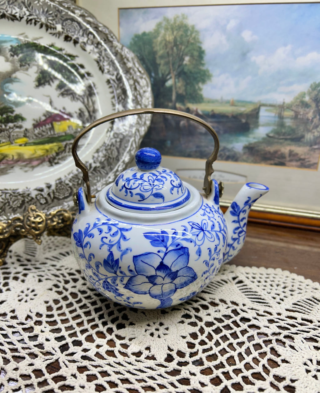 Vintage Chinese hand-painted teapot with brass handle