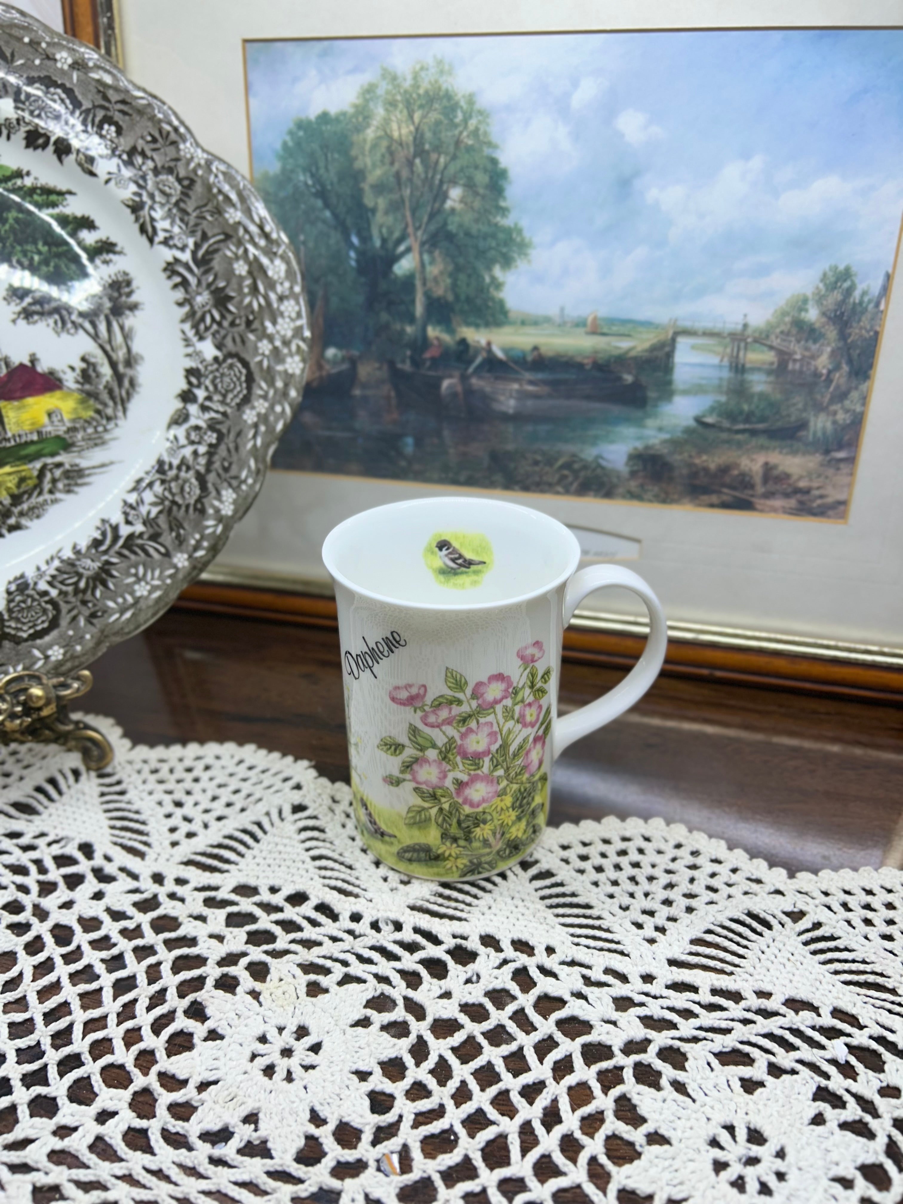 Vintage Fenton “wild roses” mug — fine bone china