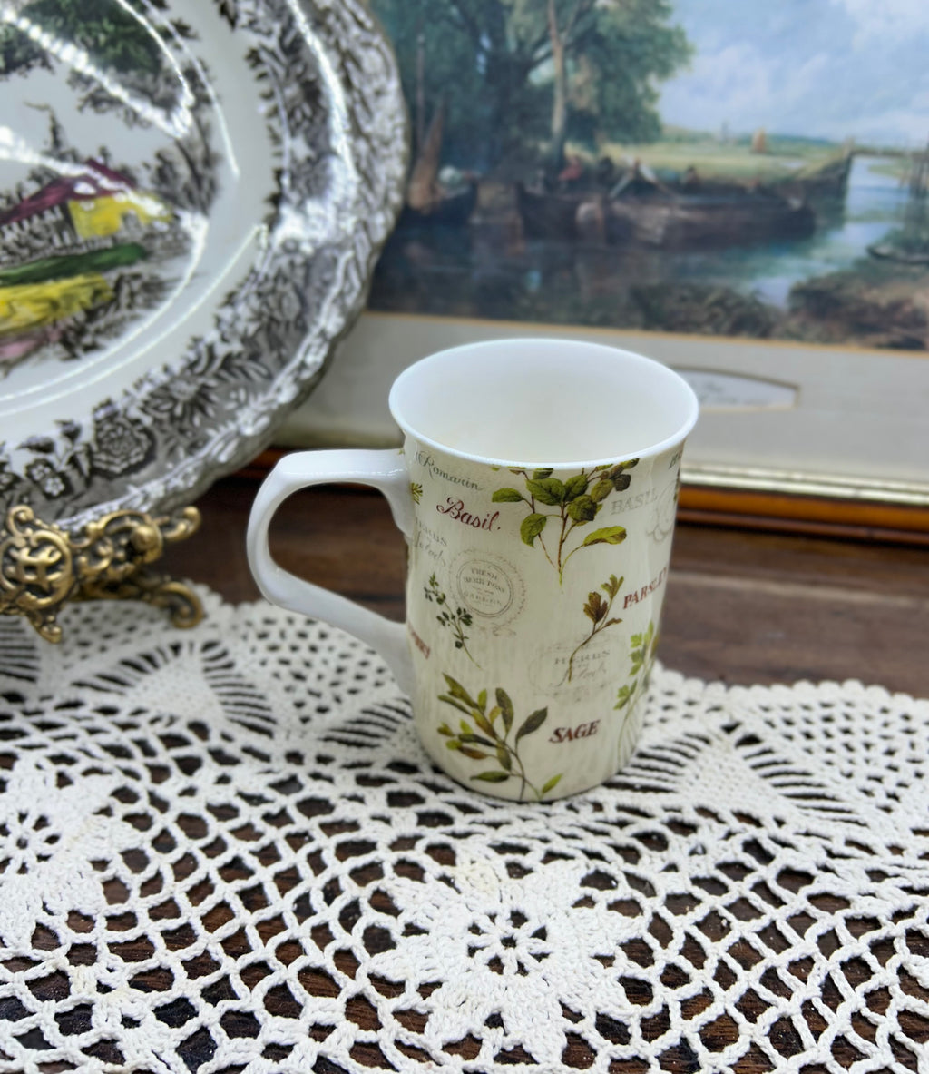 Botanical herb garden design tea mug — fine bone China