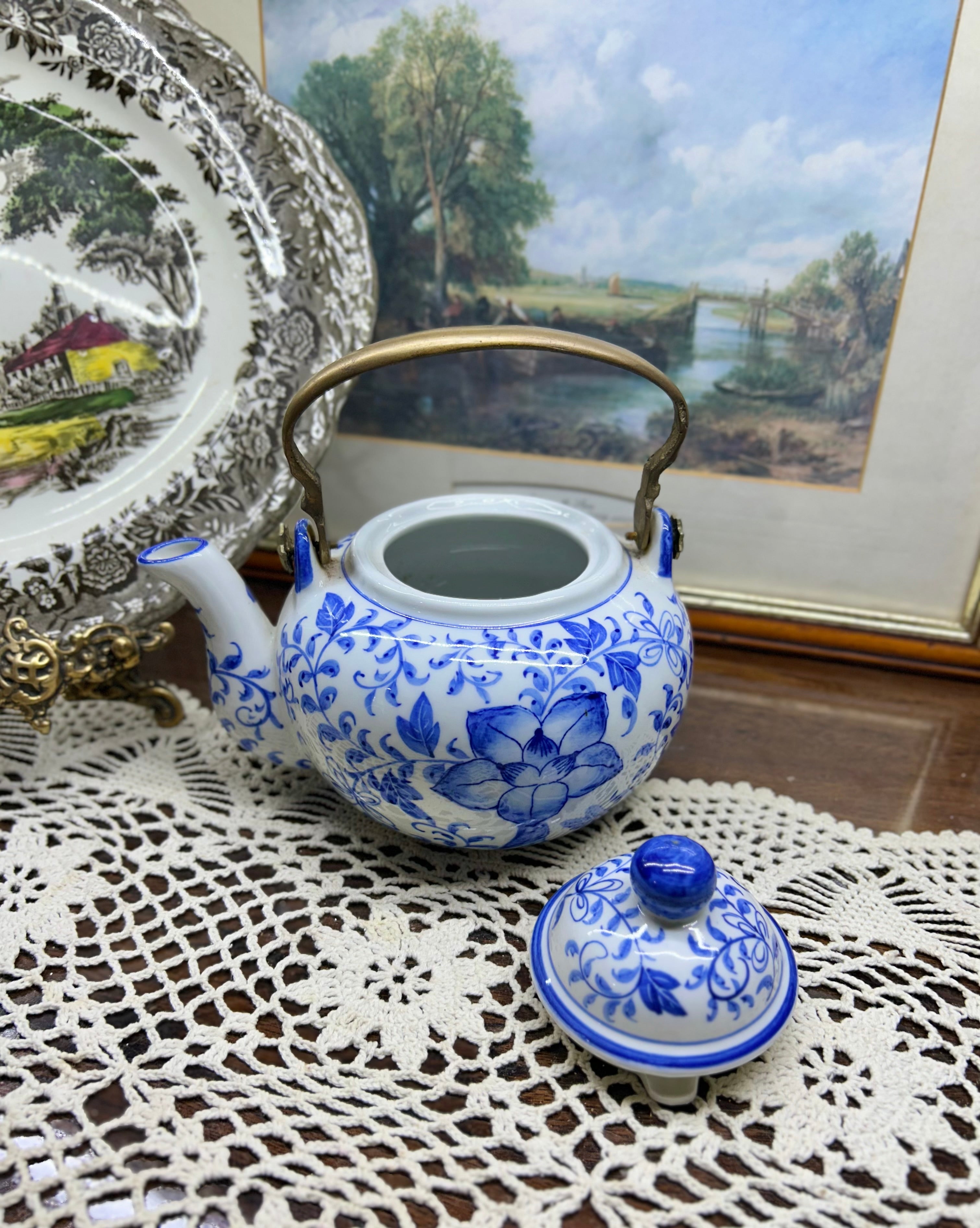 Vintage Chinese hand-painted teapot with brass handle