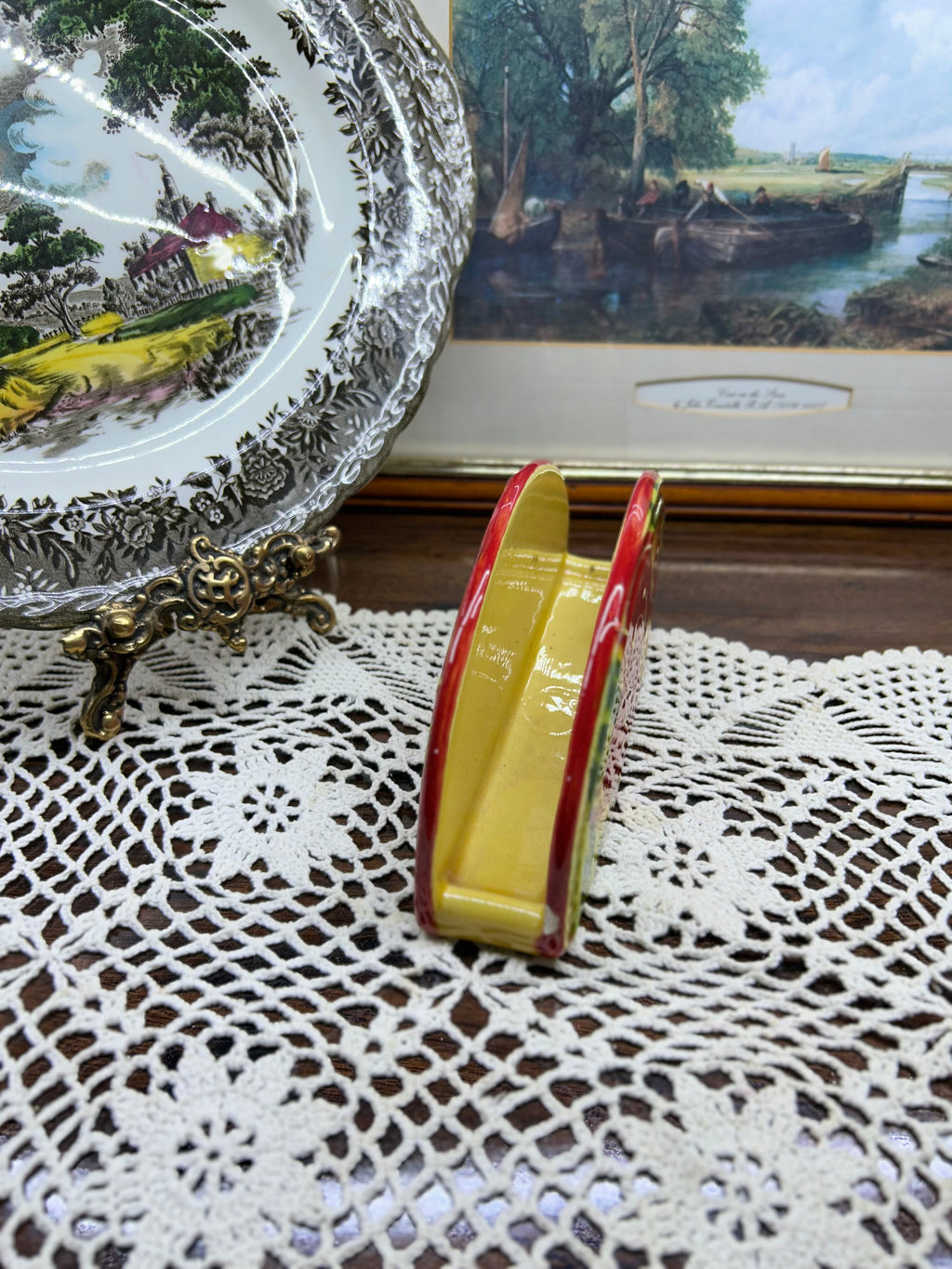 Hand-painted Italian ceramic napkin holder — featuring a hand-painted Tuscan floral motif.