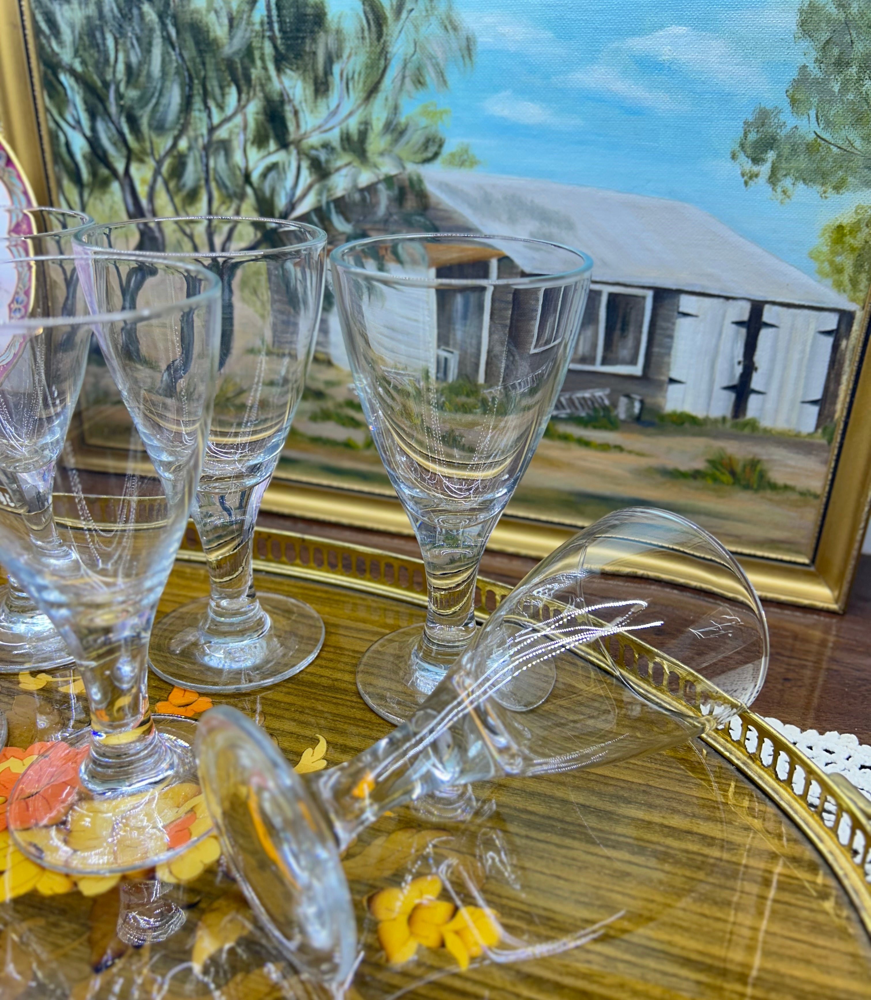 Vintage Fostoria stemware glasses with a distant teardrop bubble in the stem — Set of 6