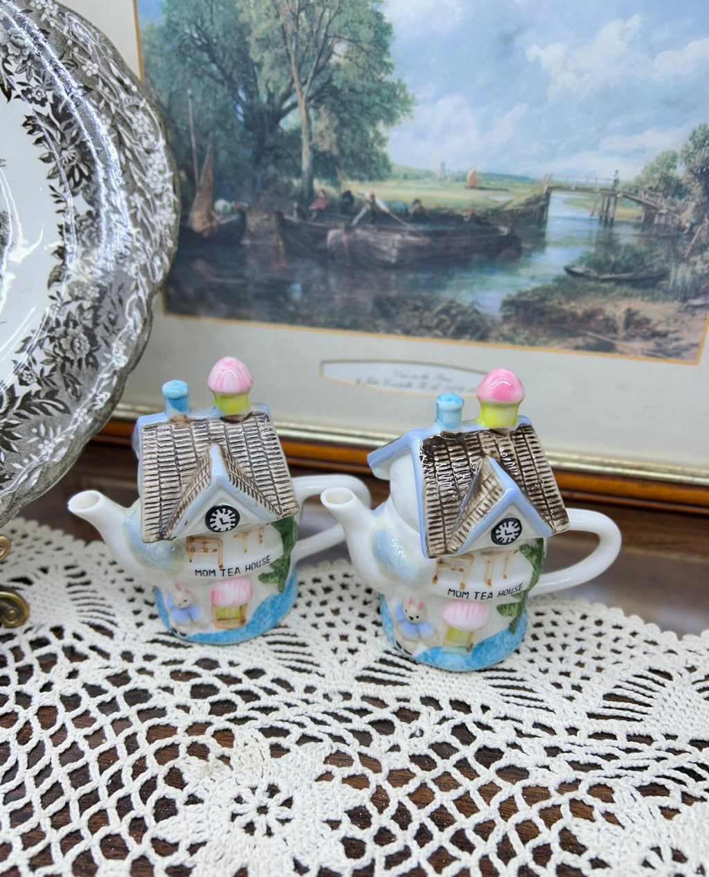 Vintage miniature milk jug teapot English cottages — hand painted porcelain PAIR