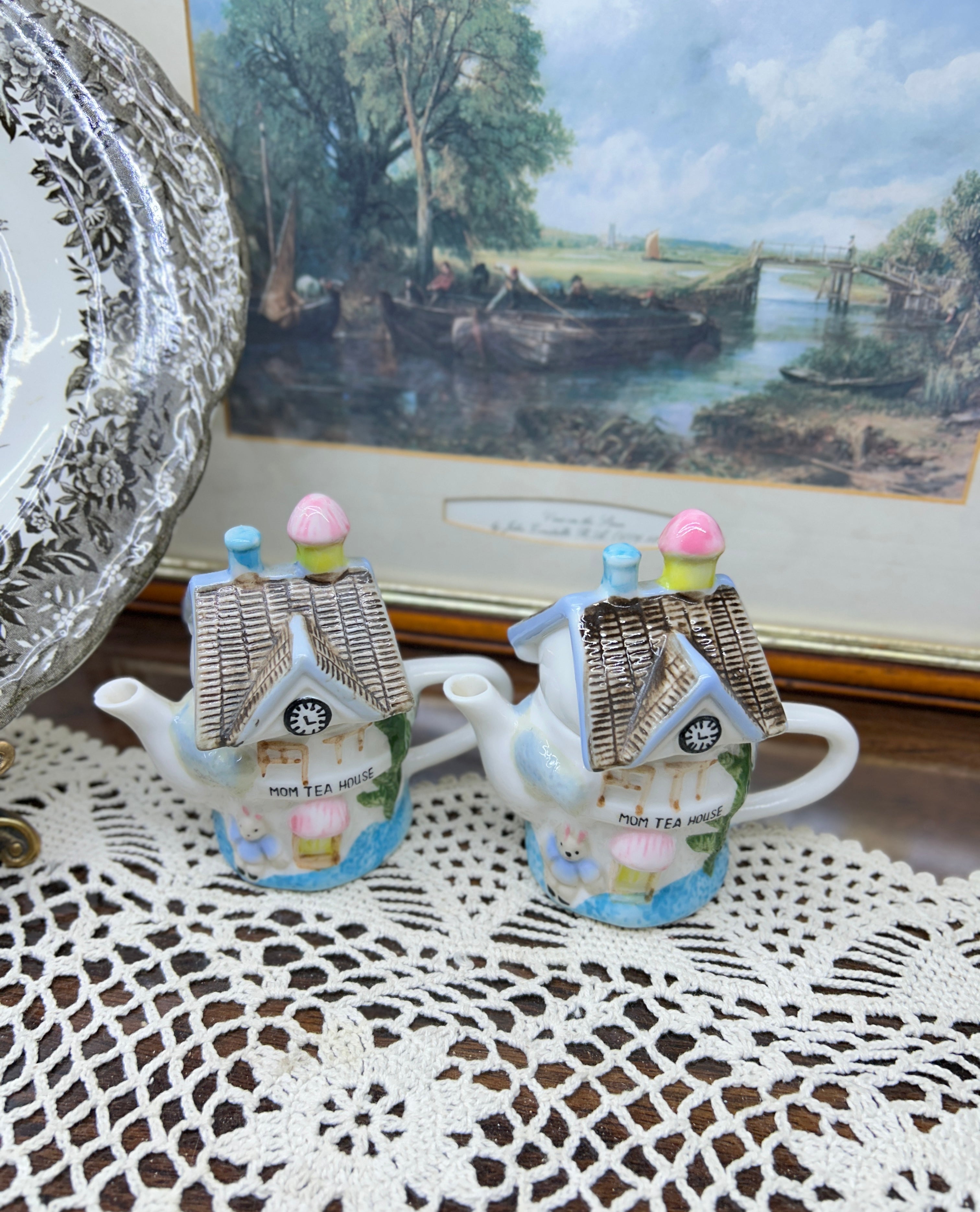 Vintage miniature milk jug teapot English cottages — hand painted porcelain PAIR