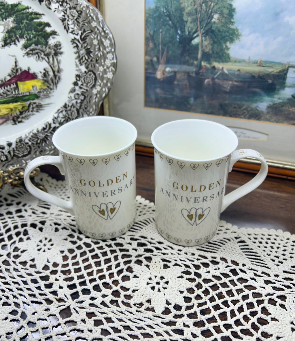 Gold anniversary tea mugs gift set — PAIR ceramic