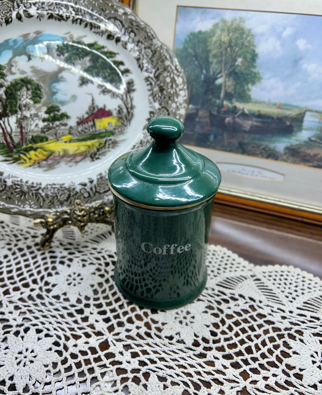 vintage green and gold ceramic coffee canister from a set manufactured by Hornsea Pottery