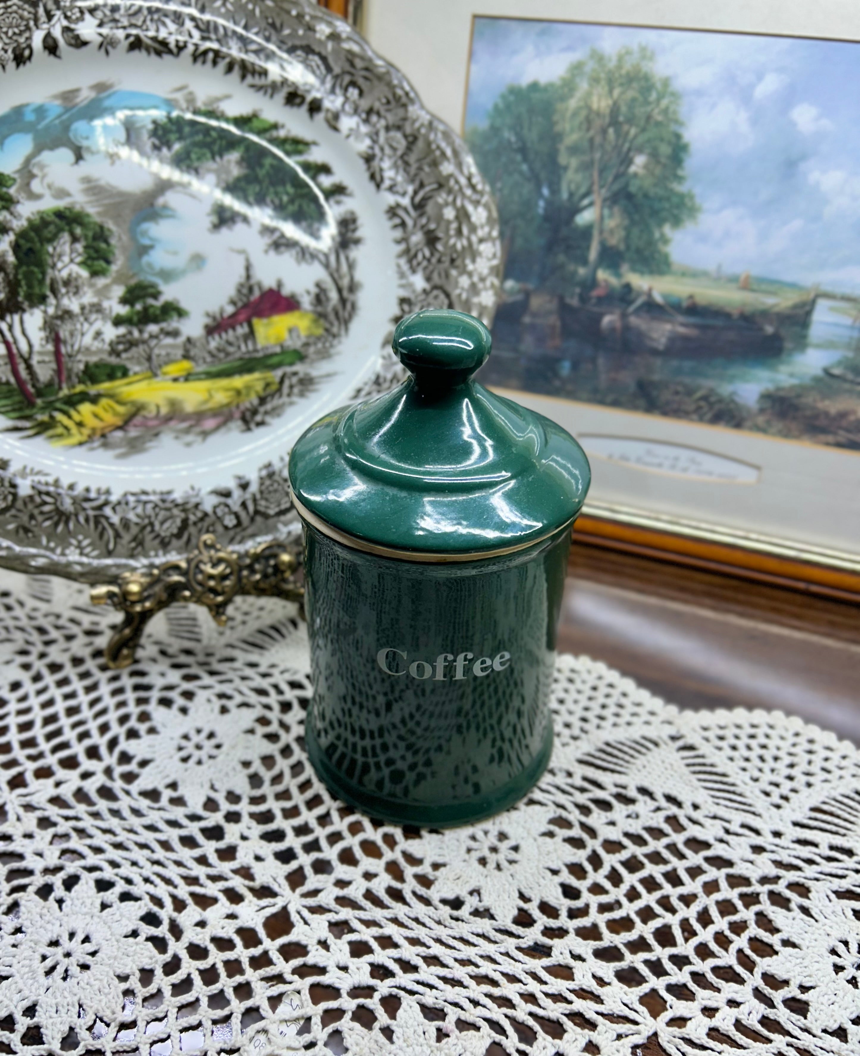 vintage green and gold ceramic coffee canister from a set manufactured by Hornsea Pottery