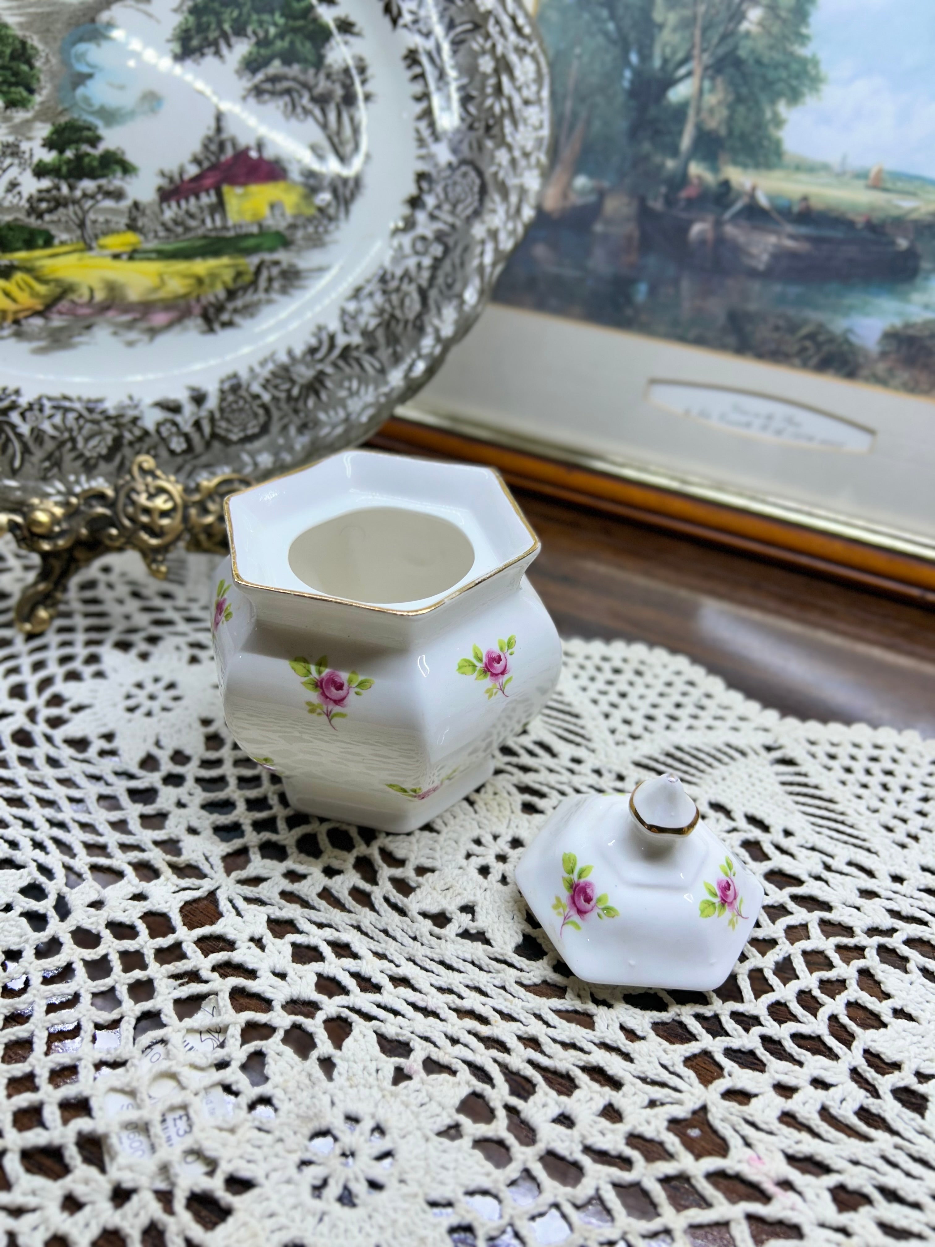 Vintage preserve pot with pink rose pattern and gold rim — England