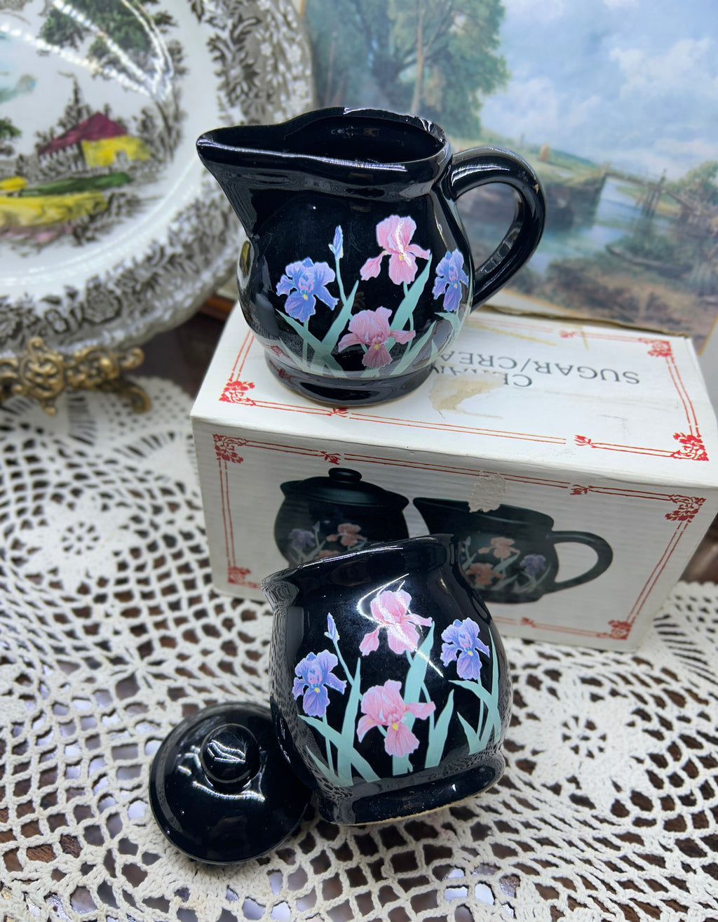 Glossy set of creamer & sugar pot adorned with ink iris floral designs — England
