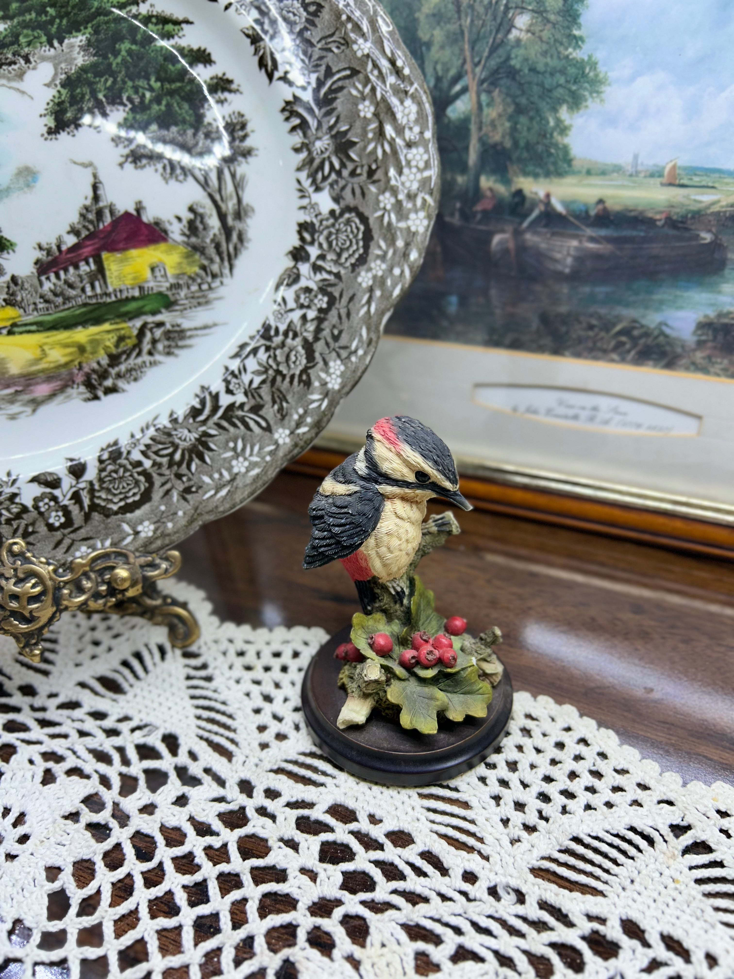 Vintage Hand Painted figurine “Country Artists “ Great Spotted Woodpecker With Hawthorne Berries 1999.