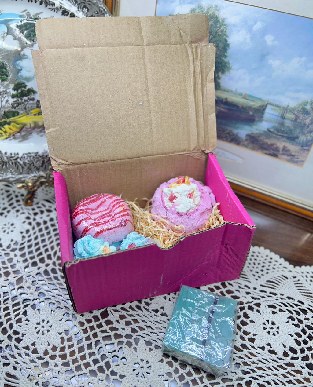 Bomb Cosmetics gift set featuring dessert-themed bath bombs and handmade soap — boxed