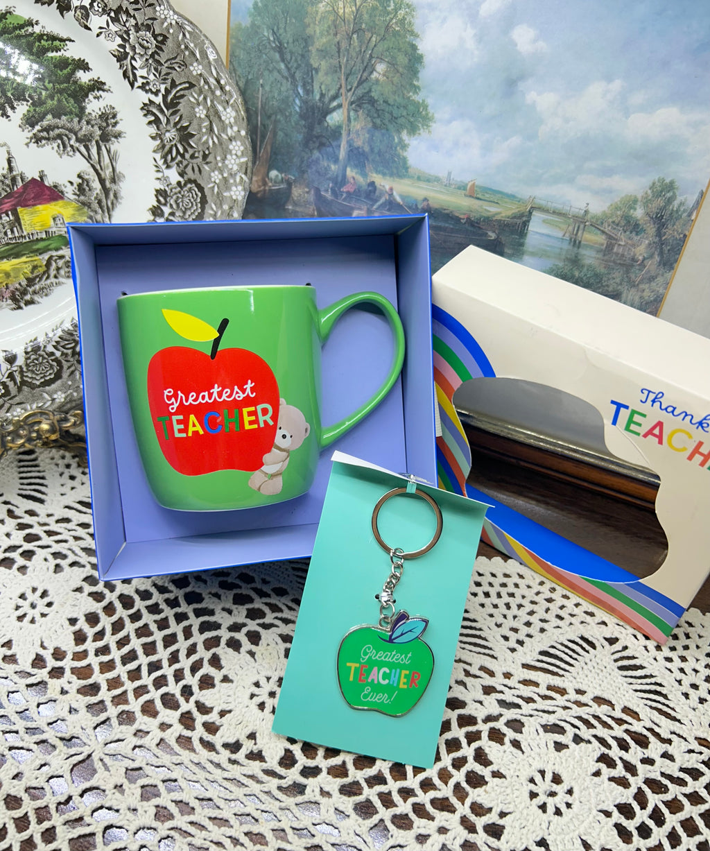 Card Factory Hugs Greatest Teacher Mug set featuring a ceramic mug & a keychain