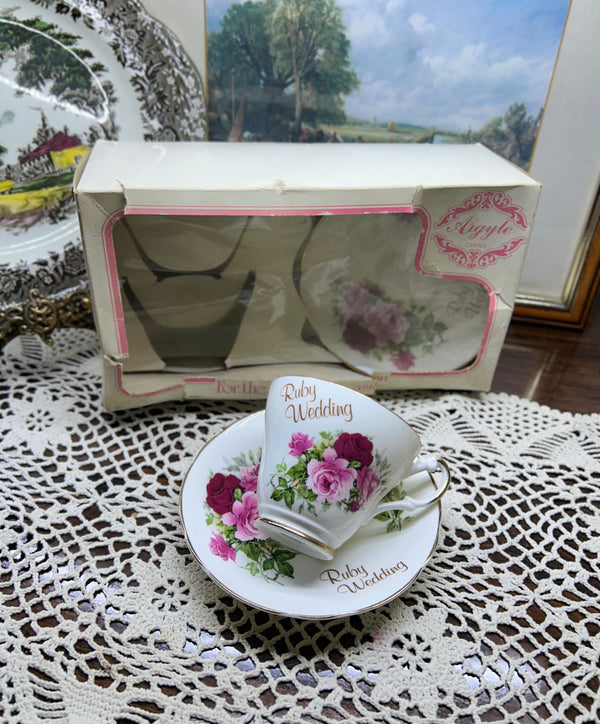 Vintage Argyle "Ruby Wedding" bone china teacup and saucer set