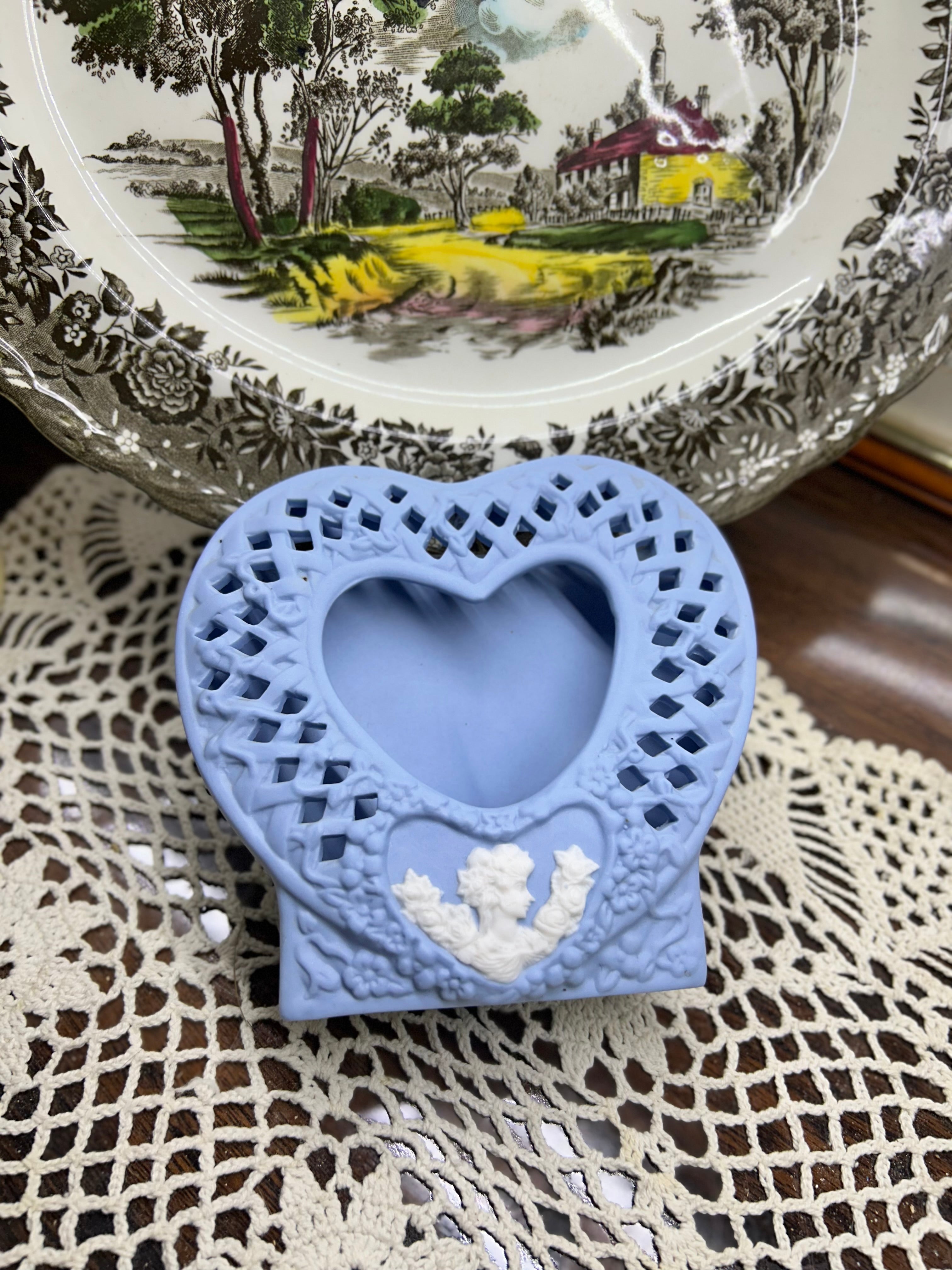Wedgwood style cameo blue and white lady with roses heart shaped photo frame