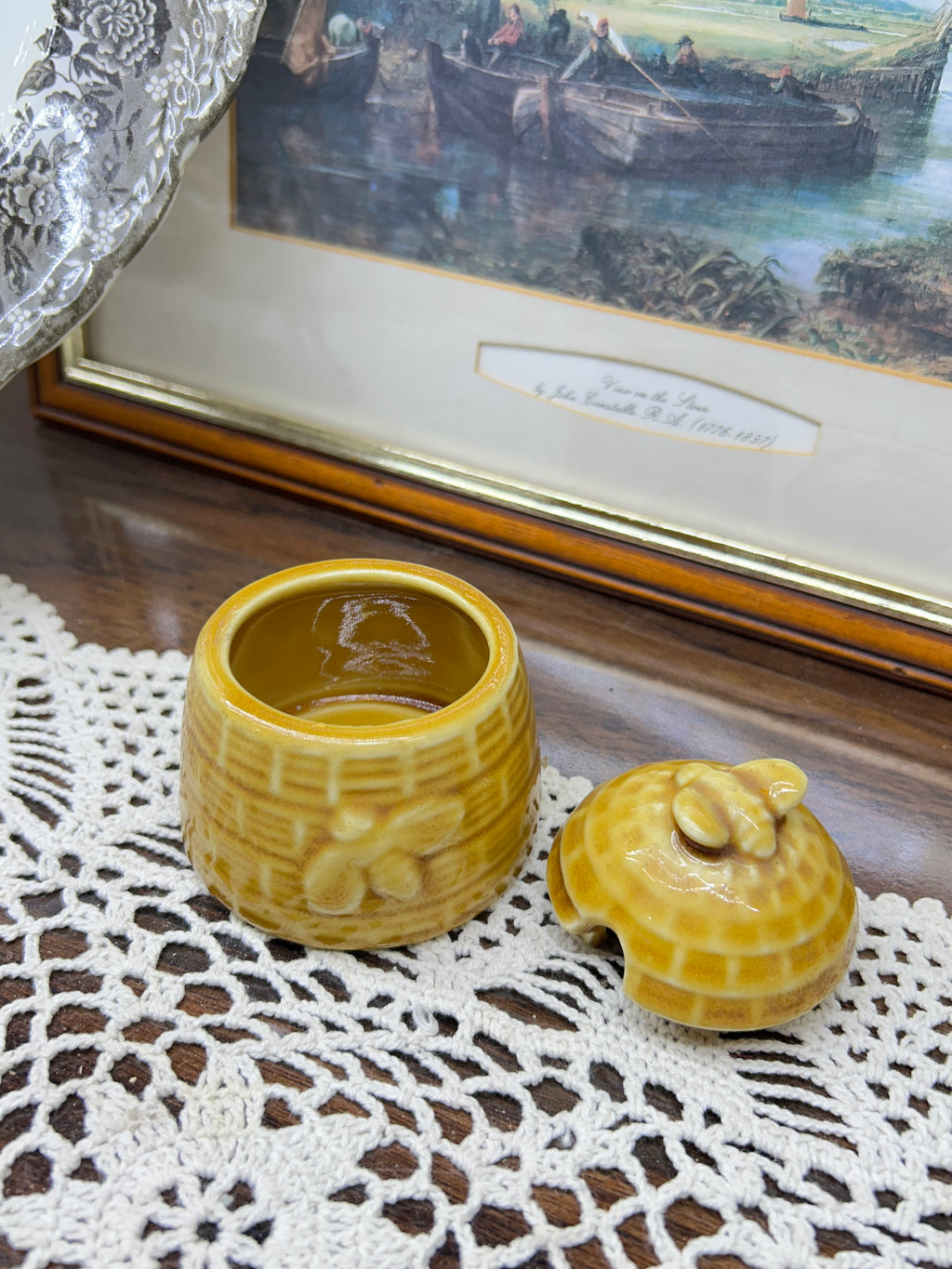 Vintage yellow mini ceramic honey pot crafted to resemble a beehive