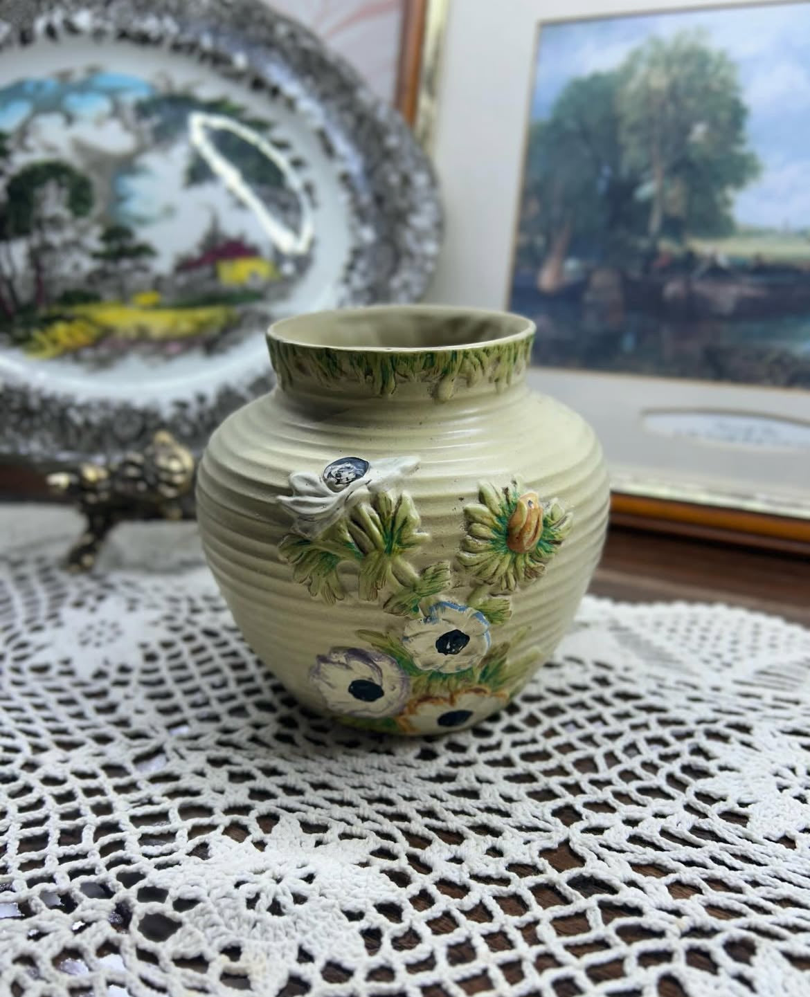 vintage Brentleigh Ware ceramic vase featuring hand-painted raised floral decorations