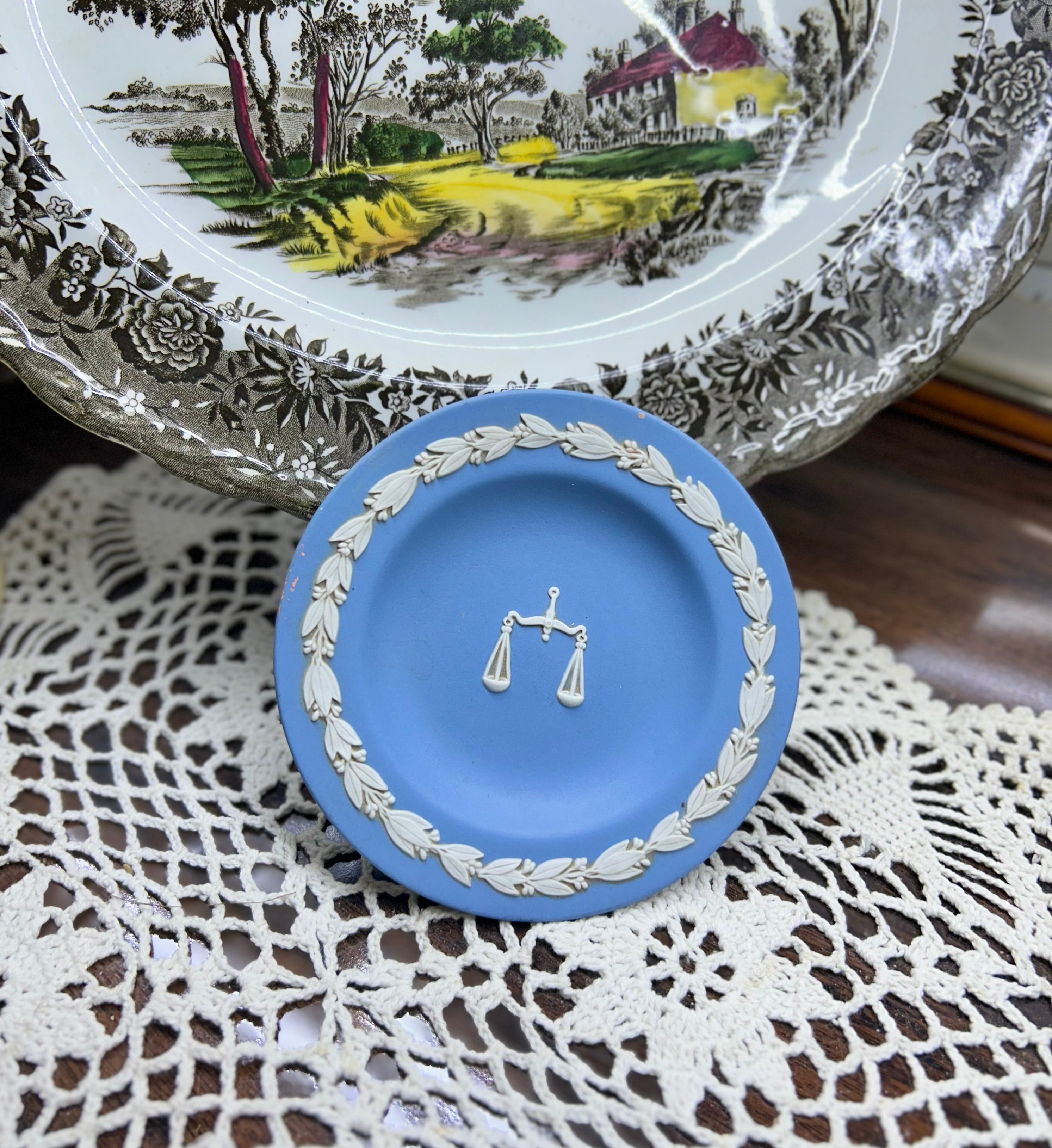Vintage Wedgwood blue Jasperware pin dish featuring the Libra zodiac sign