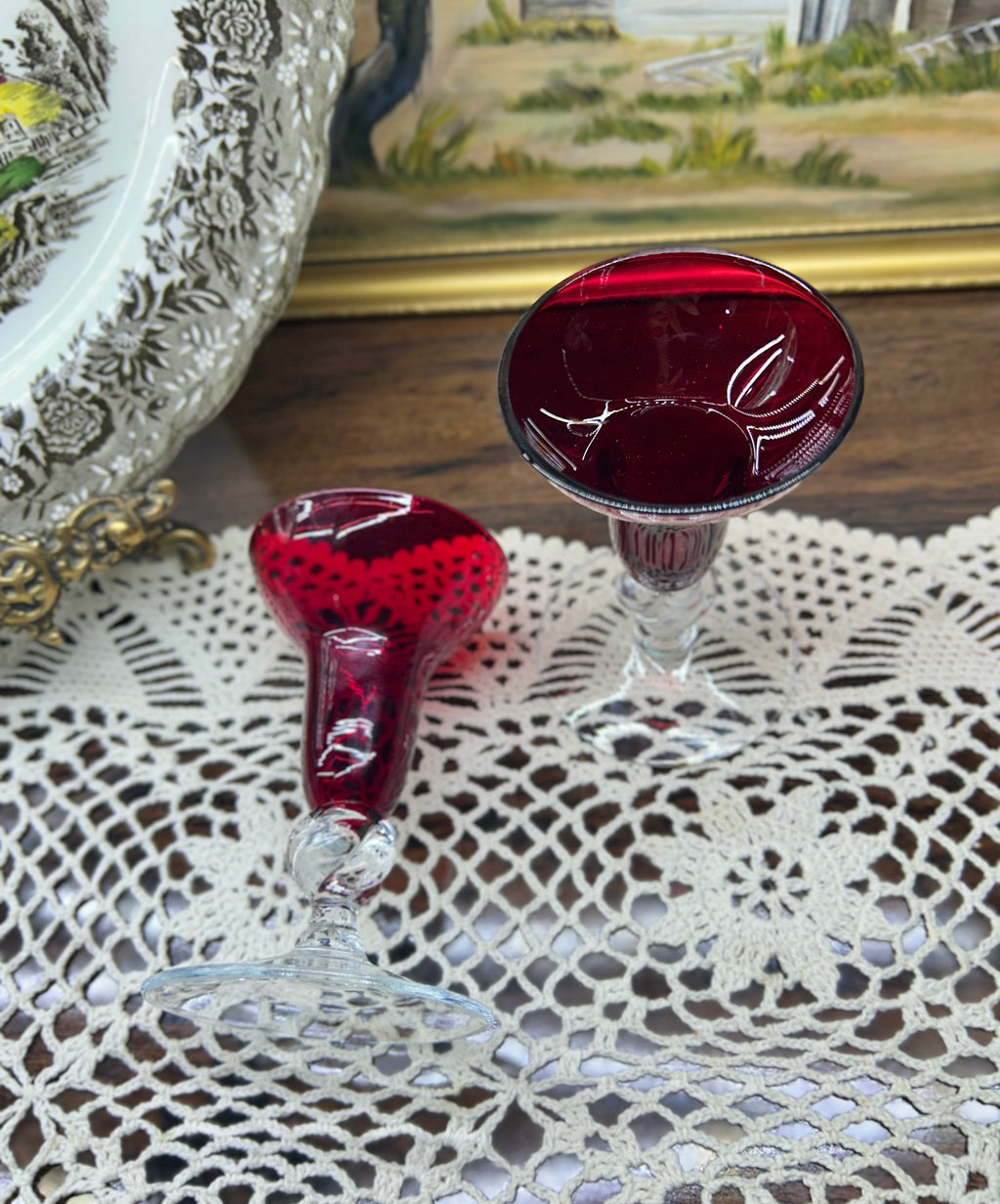 Rare RUBY RED art deco glass candle holders — pair