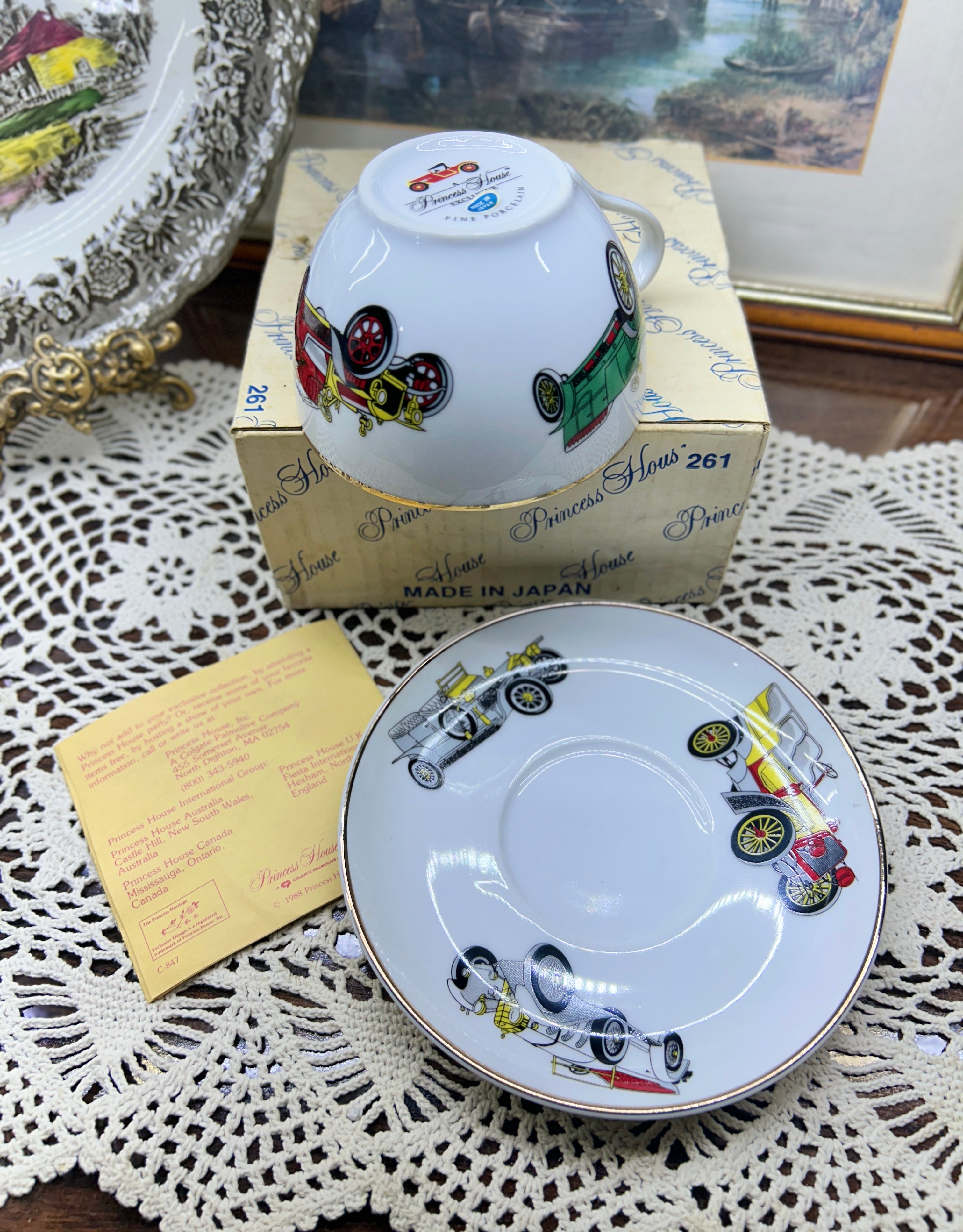 vintage Princess House cup and saucer set with antique car illustrations — Rare find