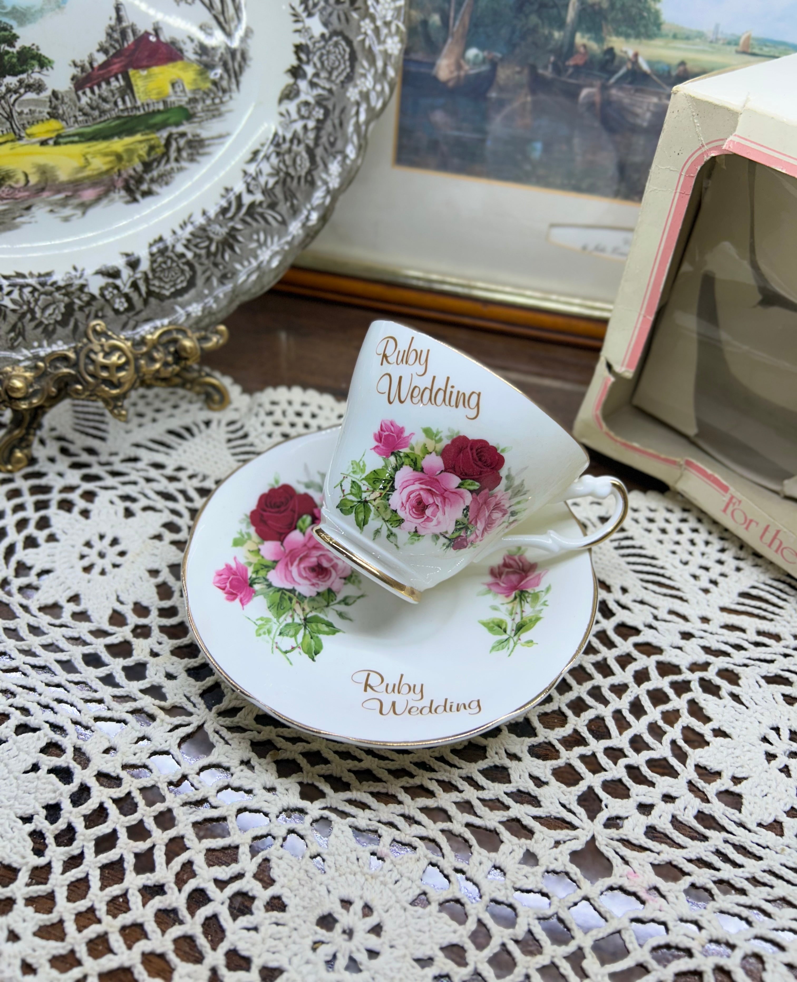 Vintage Argyle "Ruby Wedding" bone china teacup and saucer set