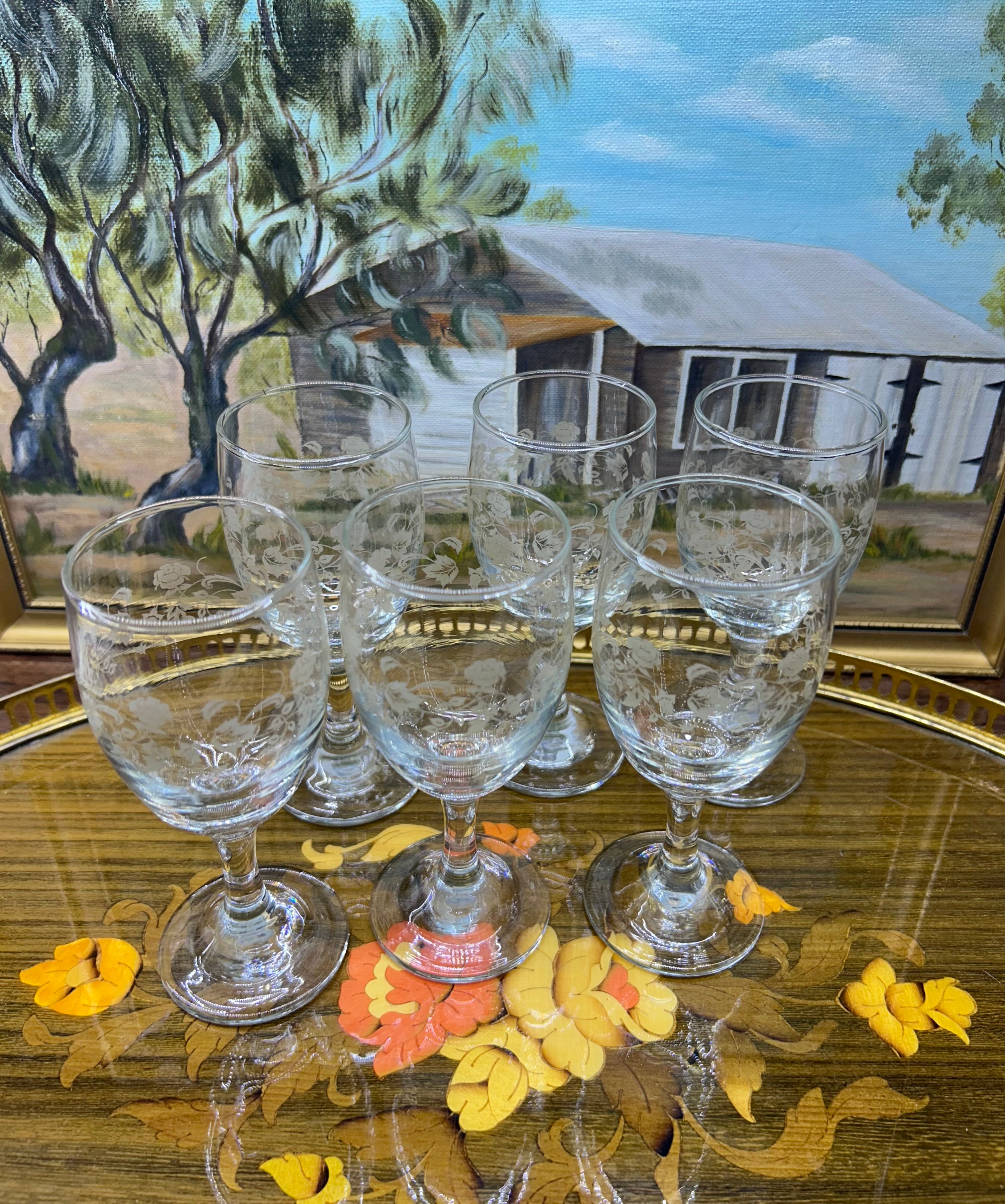 Libbey "Rose Bouquet" sherry glasses feature a delicate etched floral pattern — Set of 6