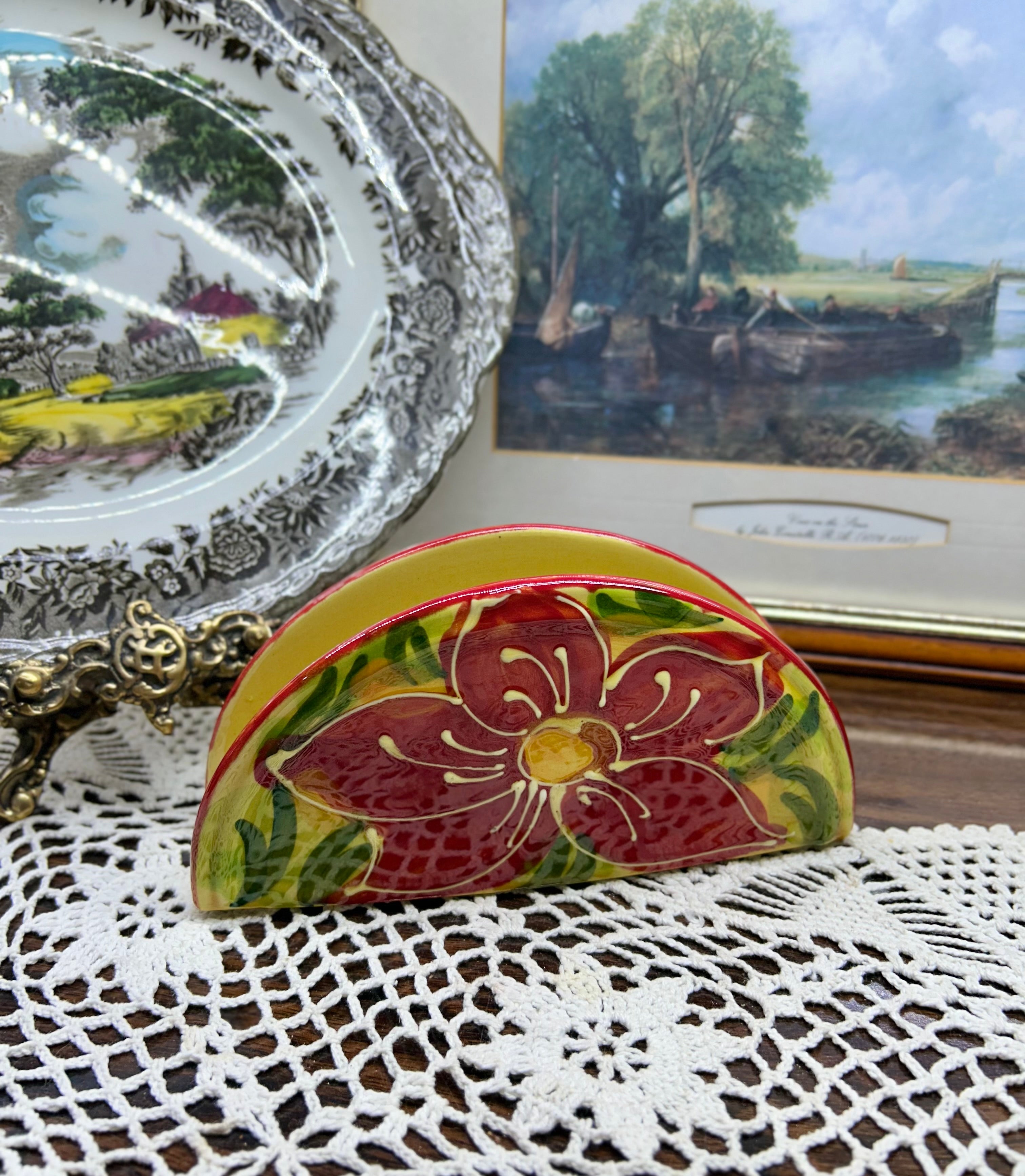 Hand-painted Italian ceramic napkin holder — featuring a hand-painted Tuscan floral motif.