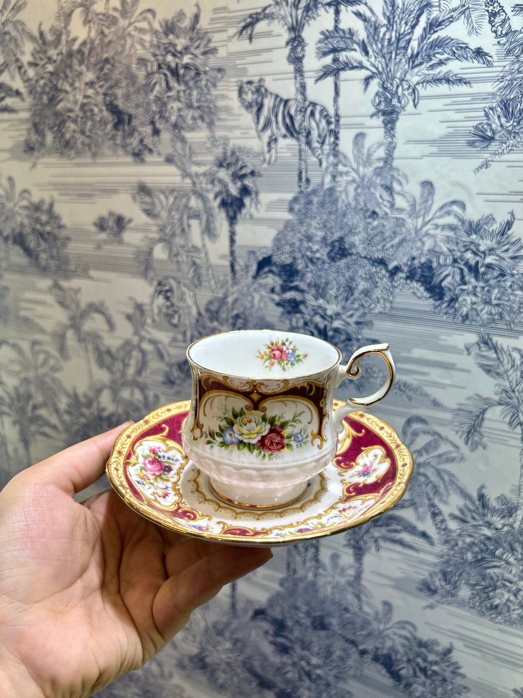 vintage Royal Albert & Queens teacup and saucer in the "Lady Hamilton" pattern — England