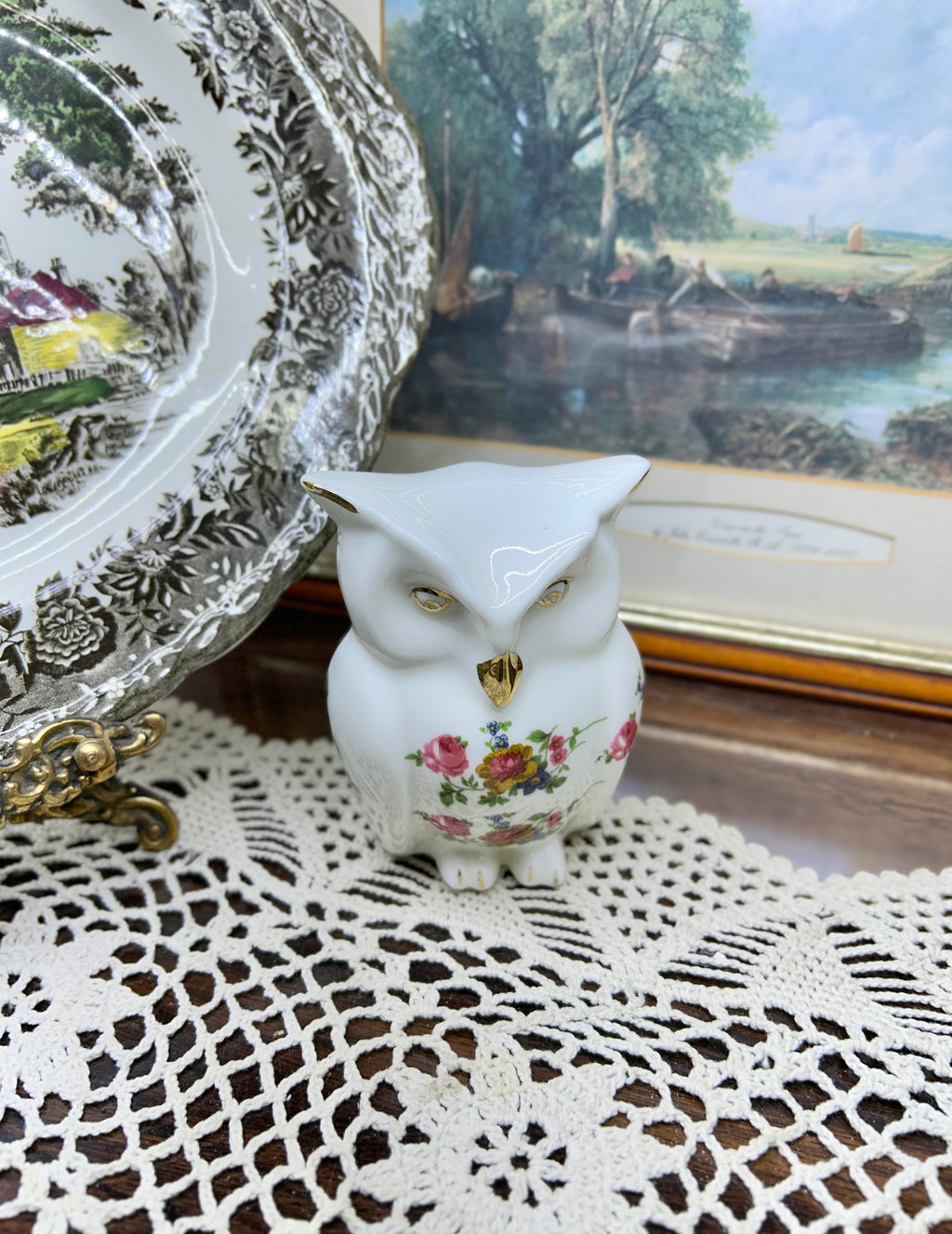 Crown Staffordshire owl ornament features a "Cottage Garden" floral pattern and gold accents — England