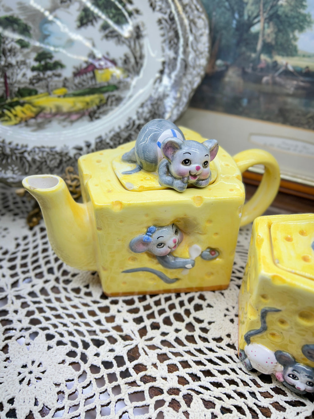 Vintage collectible hand-painted Swiss cheese tea serving set with mice figures