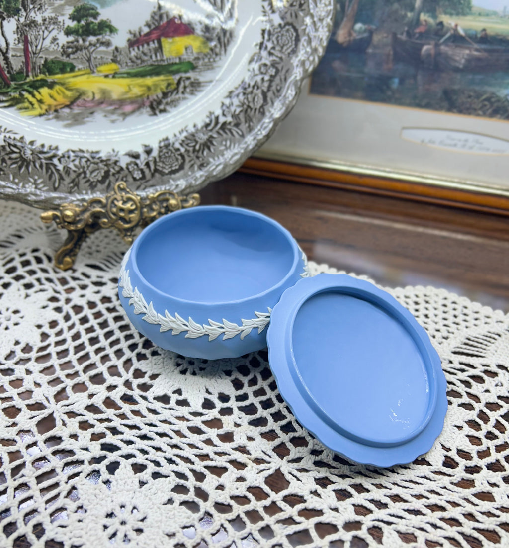 Wedgwood Blue Jasperware lidded trinket box — featuring white bas-relief floral garland