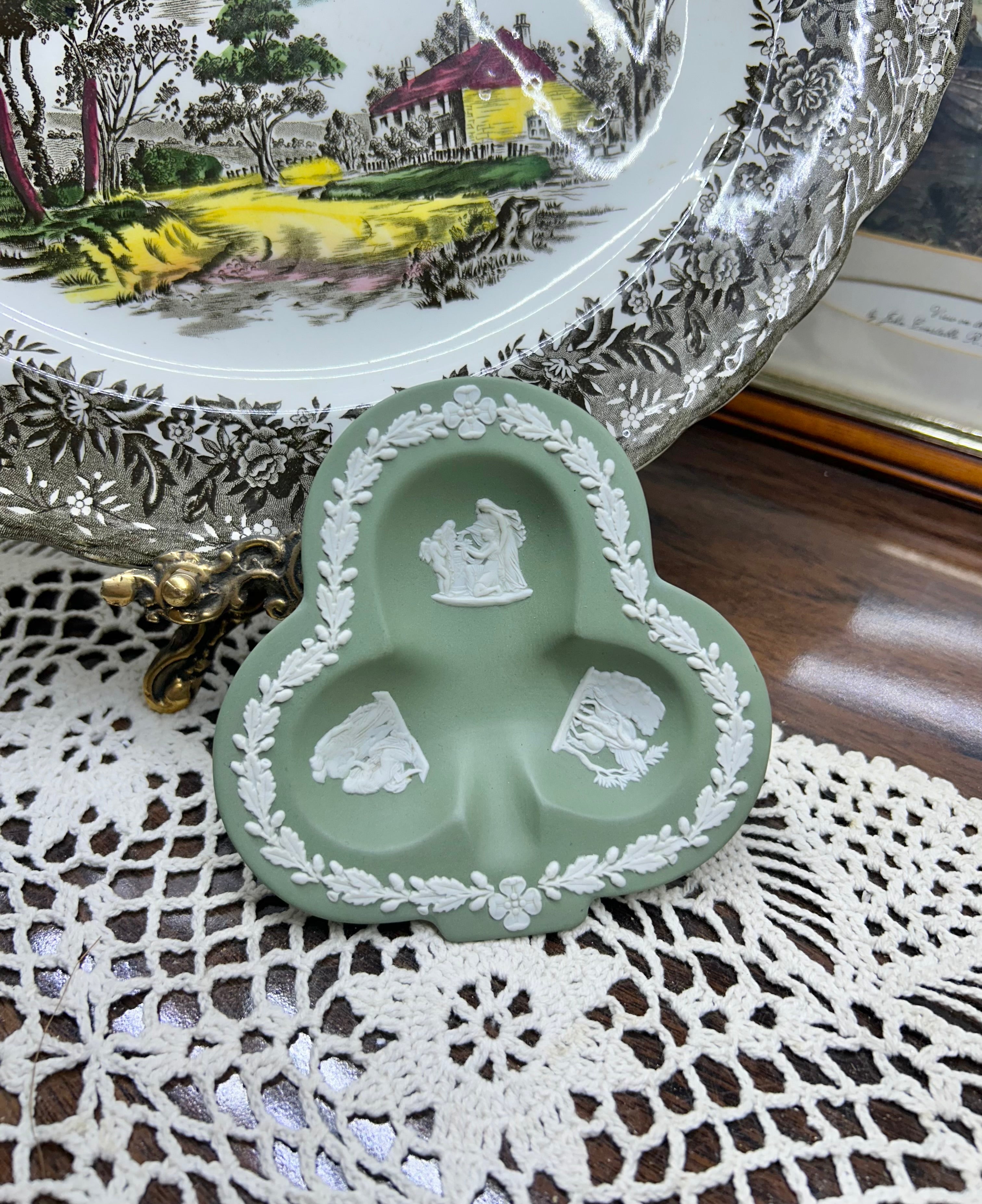 Vintage Wedgwood Sage Green Jasperware clover/club-shaped dish.