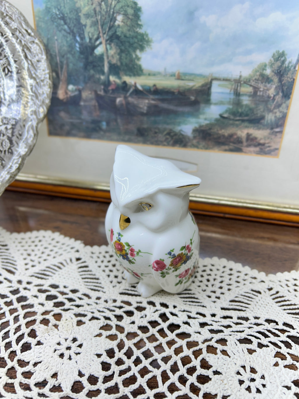 Crown Staffordshire owl ornament features a "Cottage Garden" floral pattern and gold accents — England