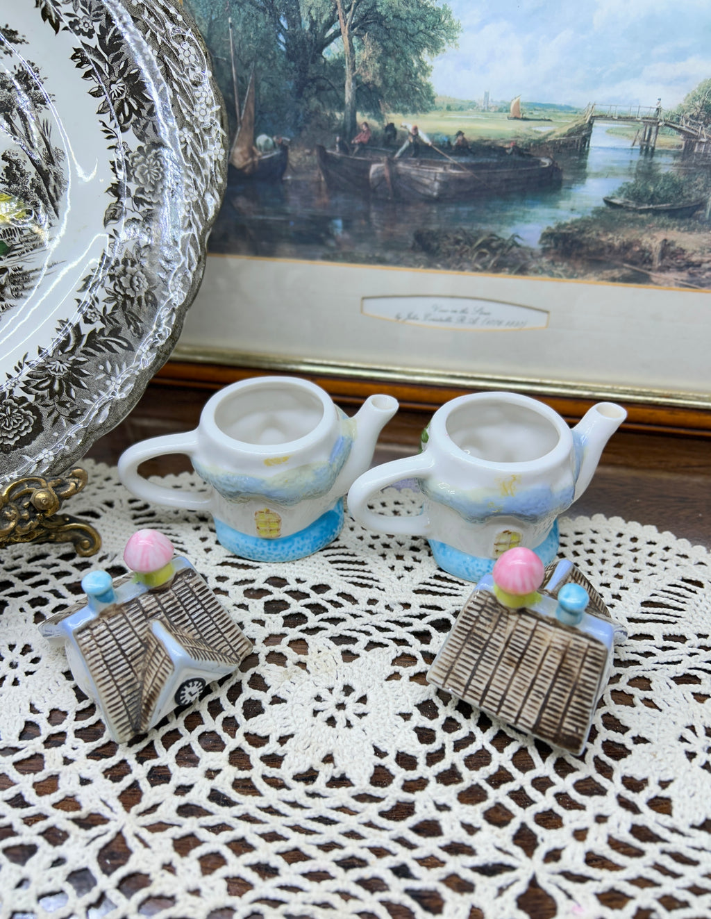 Vintage miniature milk jug teapot English cottages — hand painted porcelain PAIR
